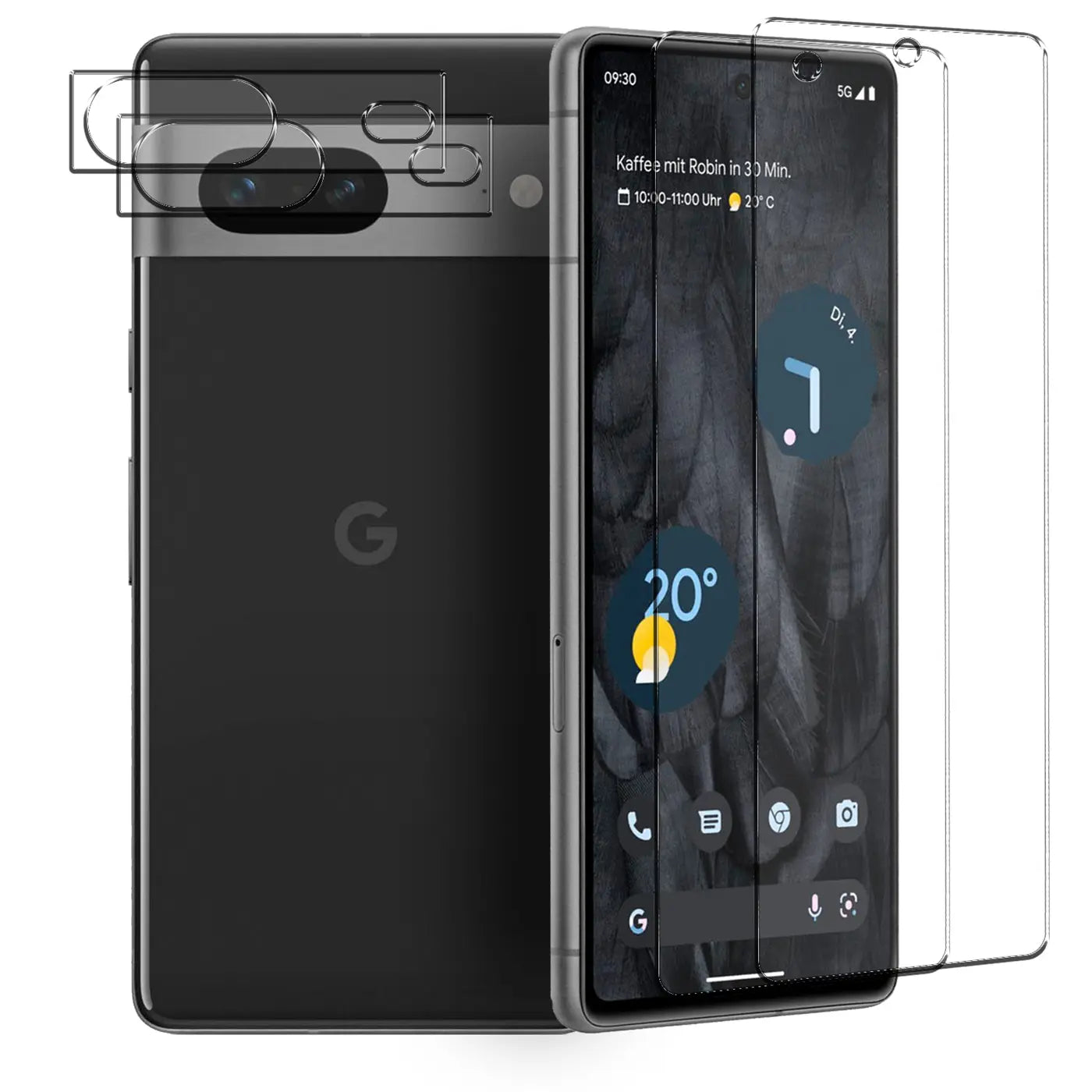 Schwarzes Google Pixel 7 von hinten und vorne, mit 2 transparenten Schutzgläsern für Display und Kamera.