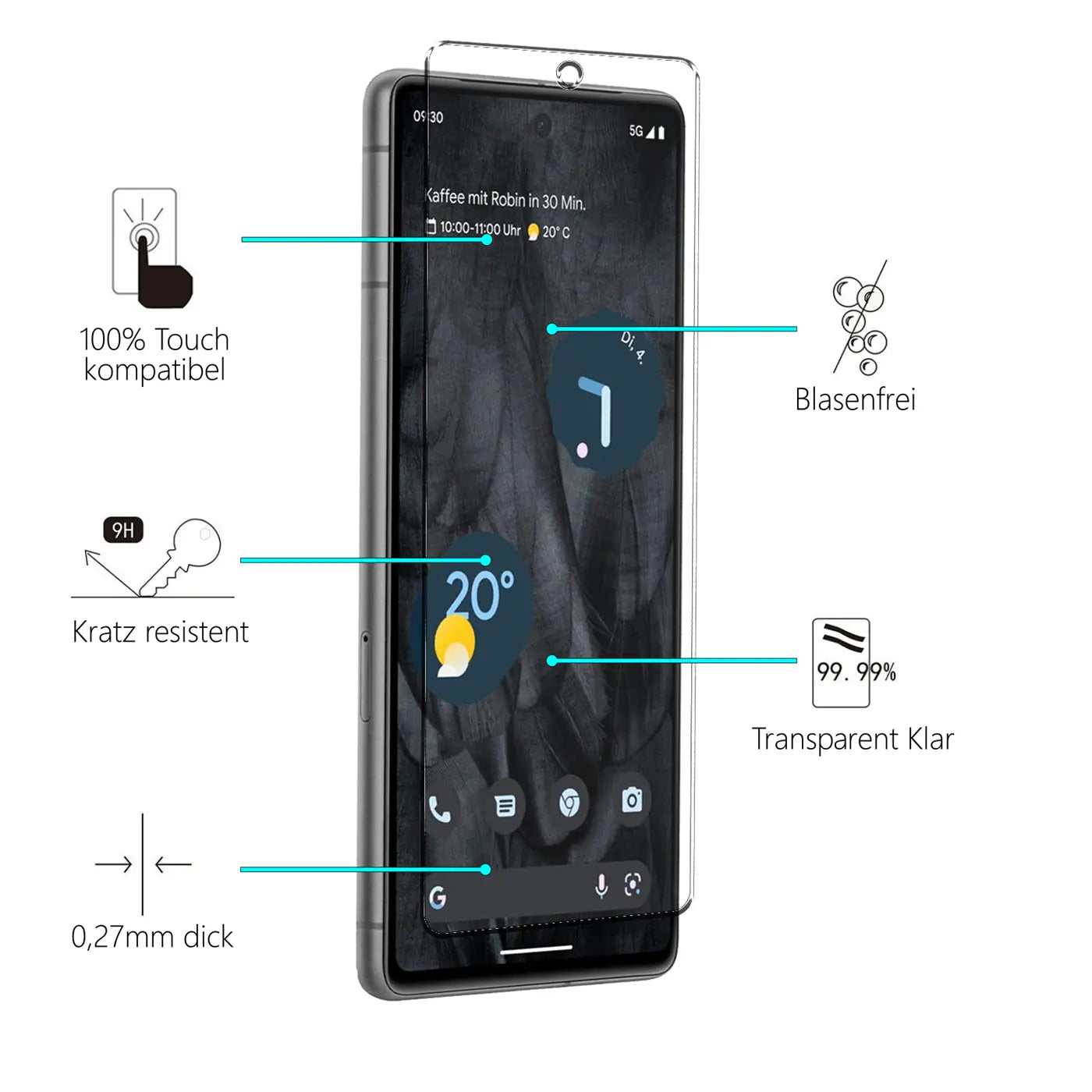 Schutzglas auf grauem Google Pixel 7 Smartphone, leicht schräg von oben rechts, mit blauen Beschriftungen der Eigenschaften.