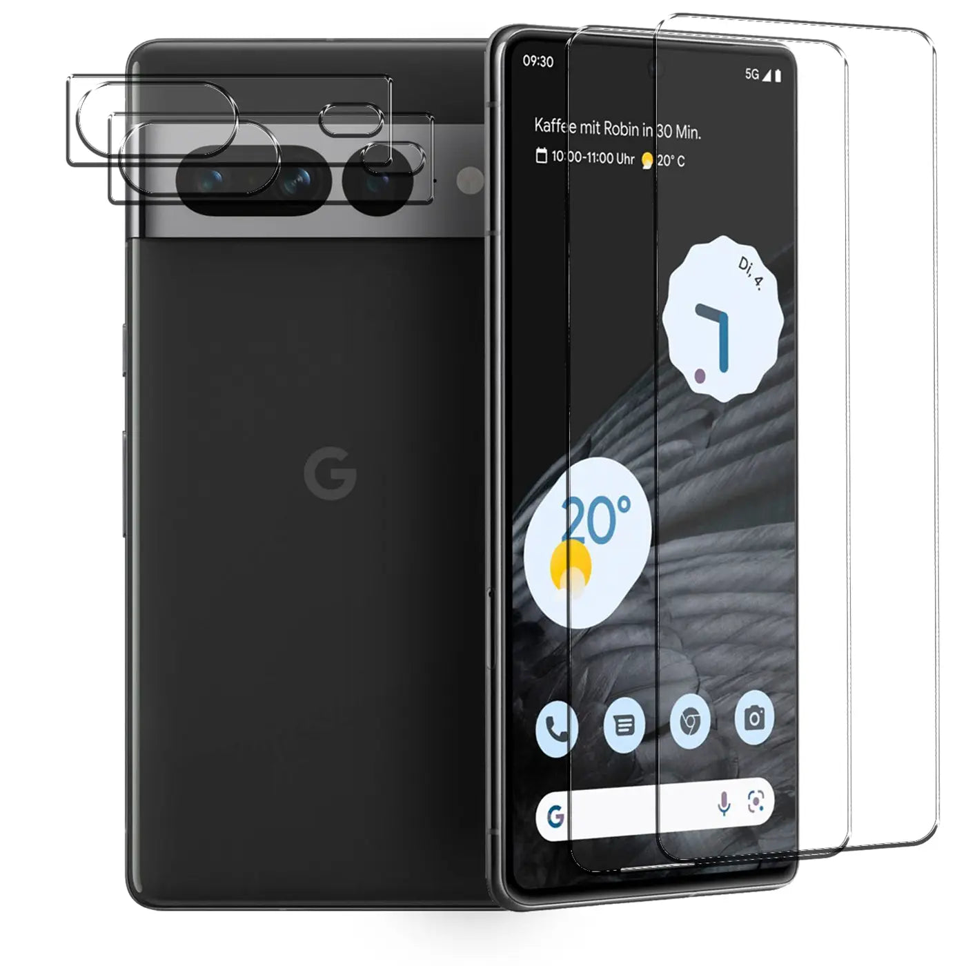 Schwarzes Google Pixel 7 Pro mit drei transparenten Schutzgläsern für Display und zwei für die Kamera, schräg von vorne.
