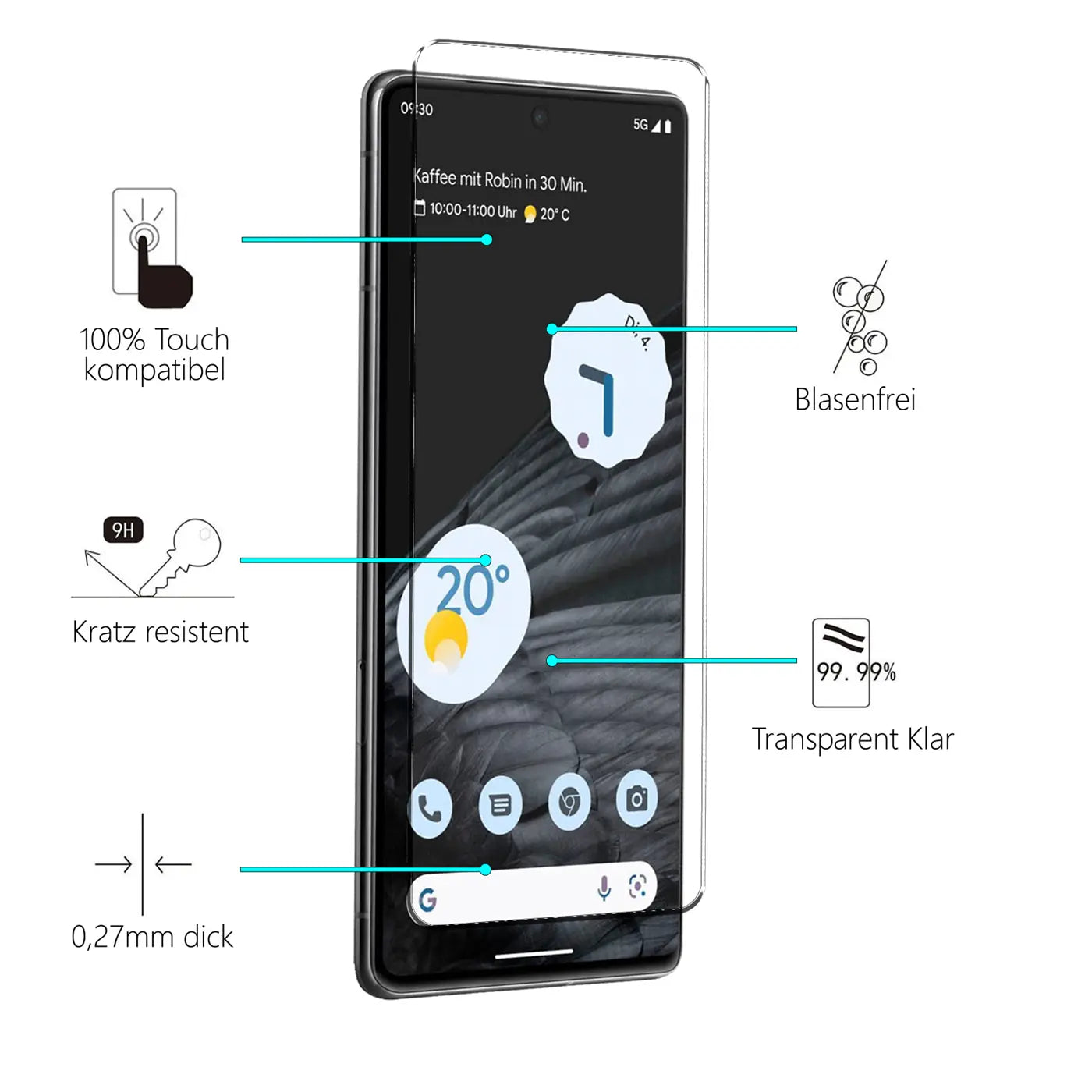 Transparentes Schutzglas auf einem schwarzen Google Pixel 7 Pro, leicht schräg von vorne. Eigenschaften sind mit Text und.