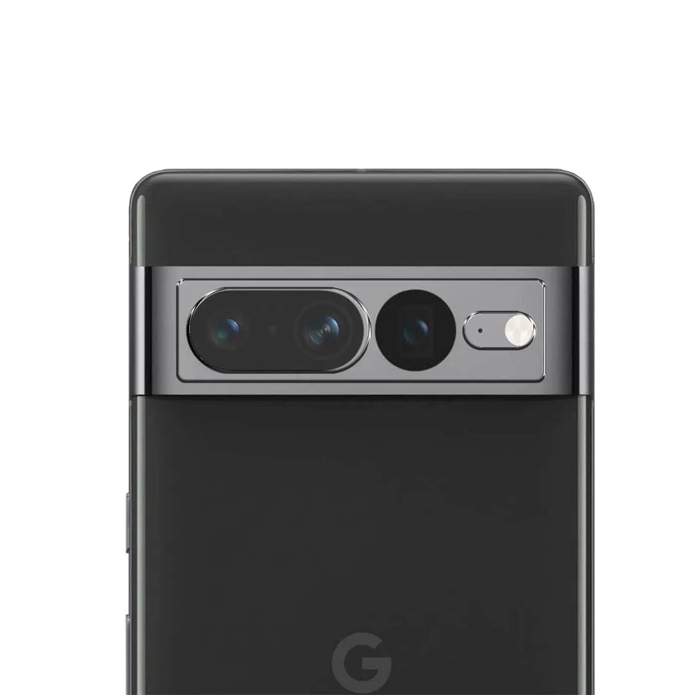 Rückseite des schwarzen Google Pixel 7 Pro mit silberner Kamera-Leiste und drei Linsen, leicht von oben.