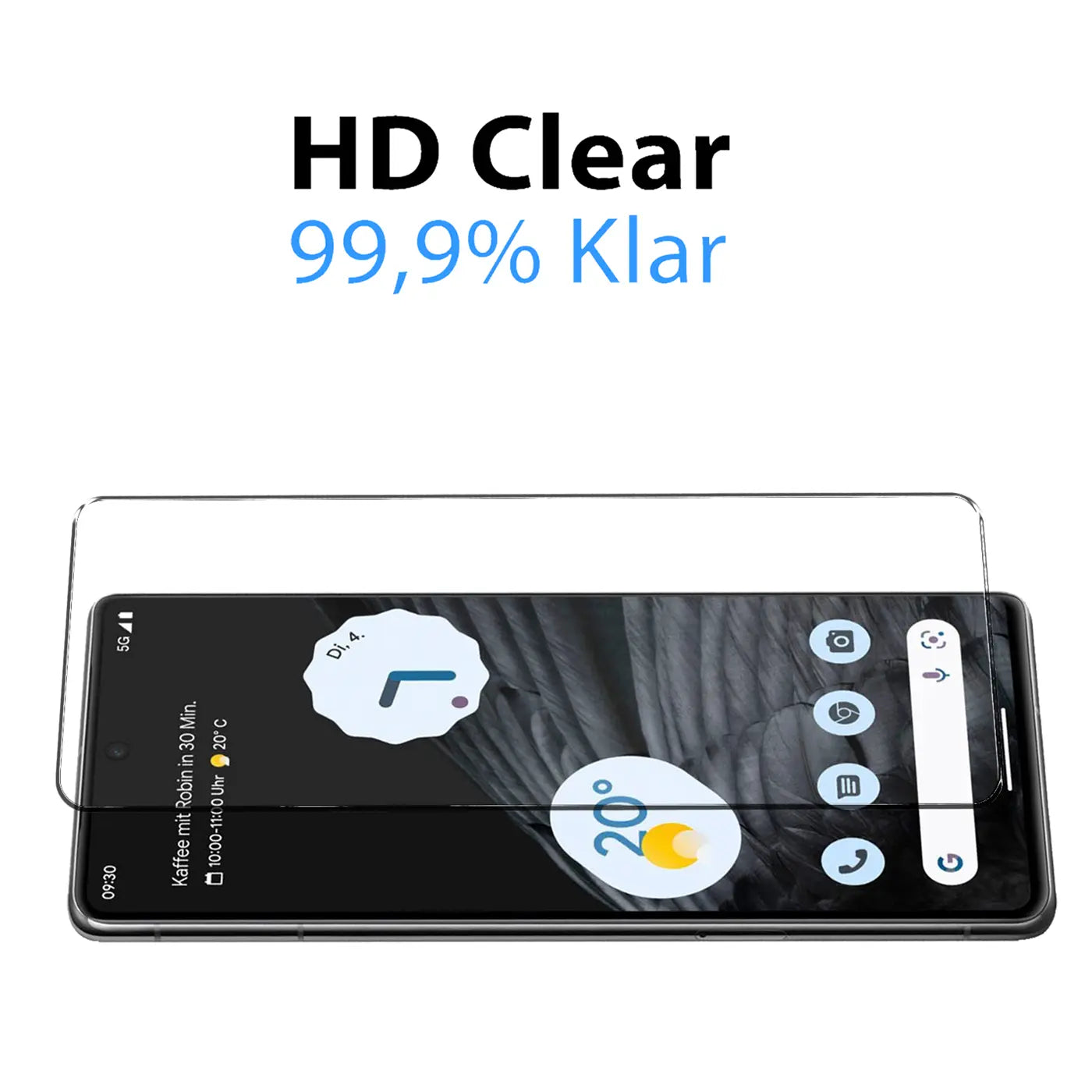 Klares Schutzglas für Google Pixel 7 Pro, von oben auf das Display gelegt, leicht schräg von rechts oben.