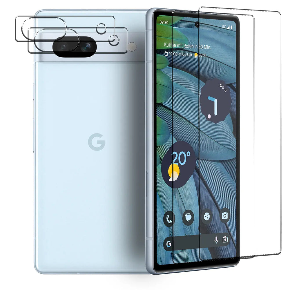 Google Pixel 7a in Hellblau, Rückseite mit Google-Logo und Kamera-Schutzglas, Vorderseite mit Display-Schutzglas.