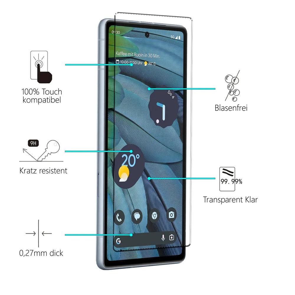 Schutzglas auf grauem Google Pixel 7a, schräg von vorne. Transparente Folie mit blauen Linien zu Eigenschaften.