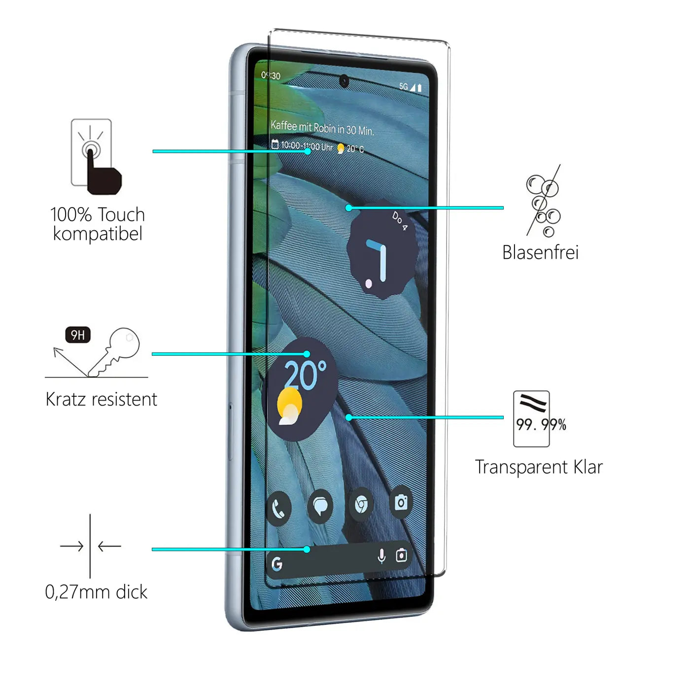 Schutzglas auf grauem Google Pixel 7a, schräg von vorne. Transparente Folie mit blauen Linien zu Eigenschaften.