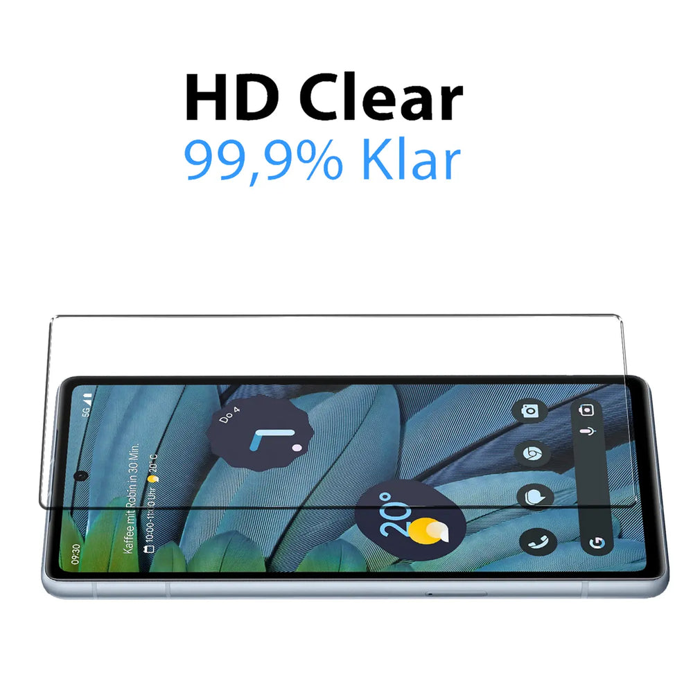 Klares Schutzglas auf einem Google Pixel 7a, schräg von oben, mit "HD Clear 99,9% Klar" Text.