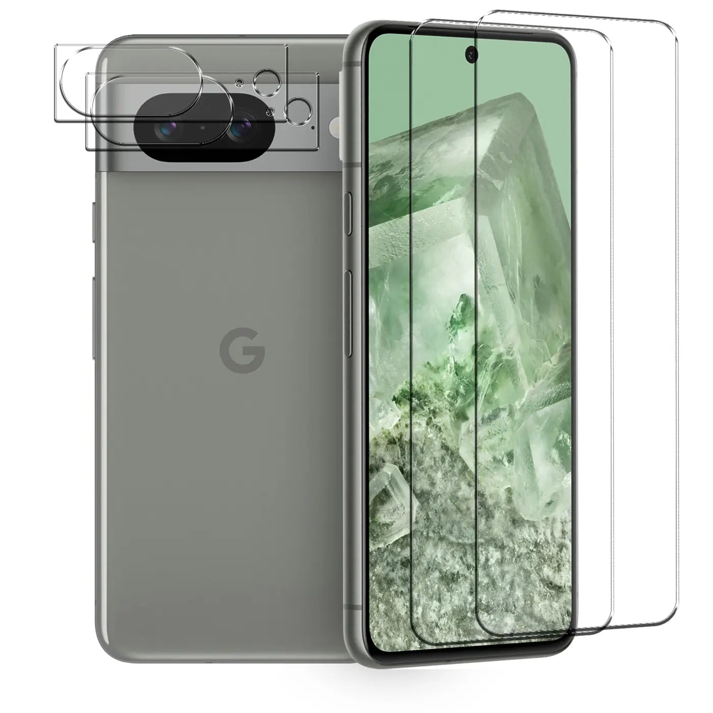 Google Pixel 8 in grau, Rückseite und Display sichtbar, mit 2 transparenten Schutzgläsern für Display und 2 für Kamera.