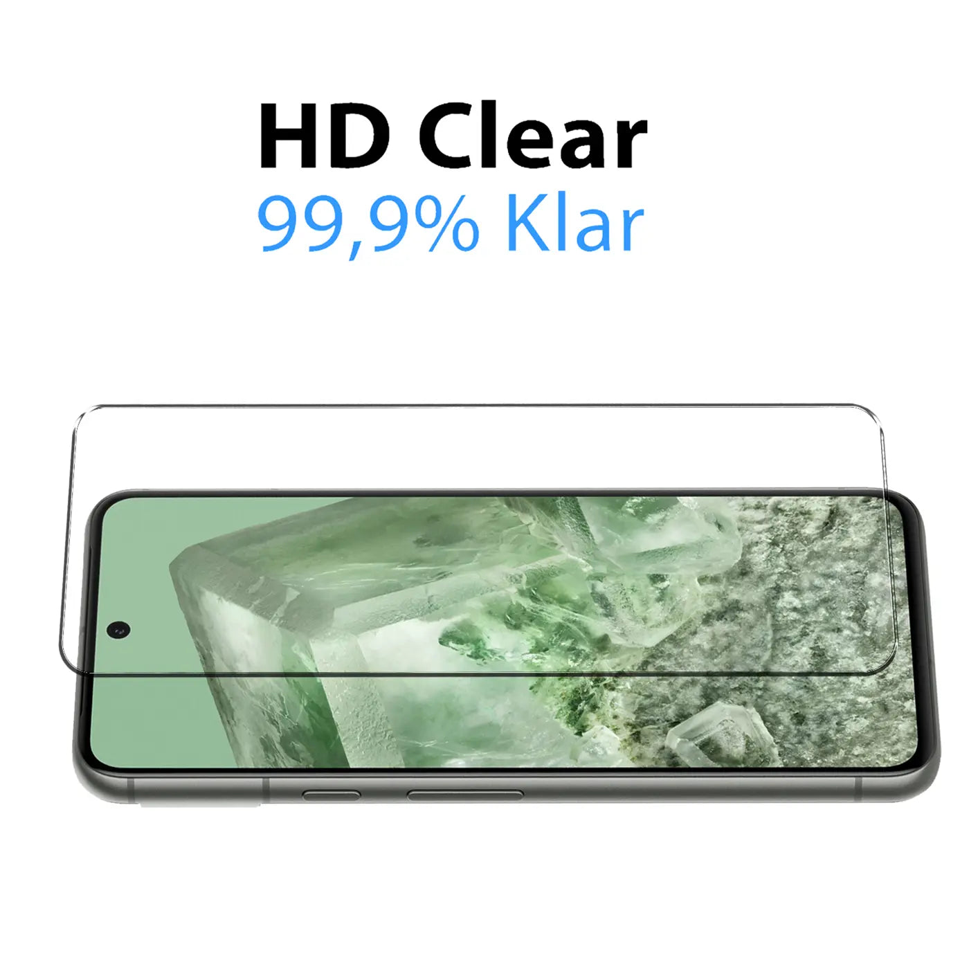 Klares Schutzglas für Google Pixel 8, von oben auf Display mit grünem Hintergrund, leicht schräg von links.