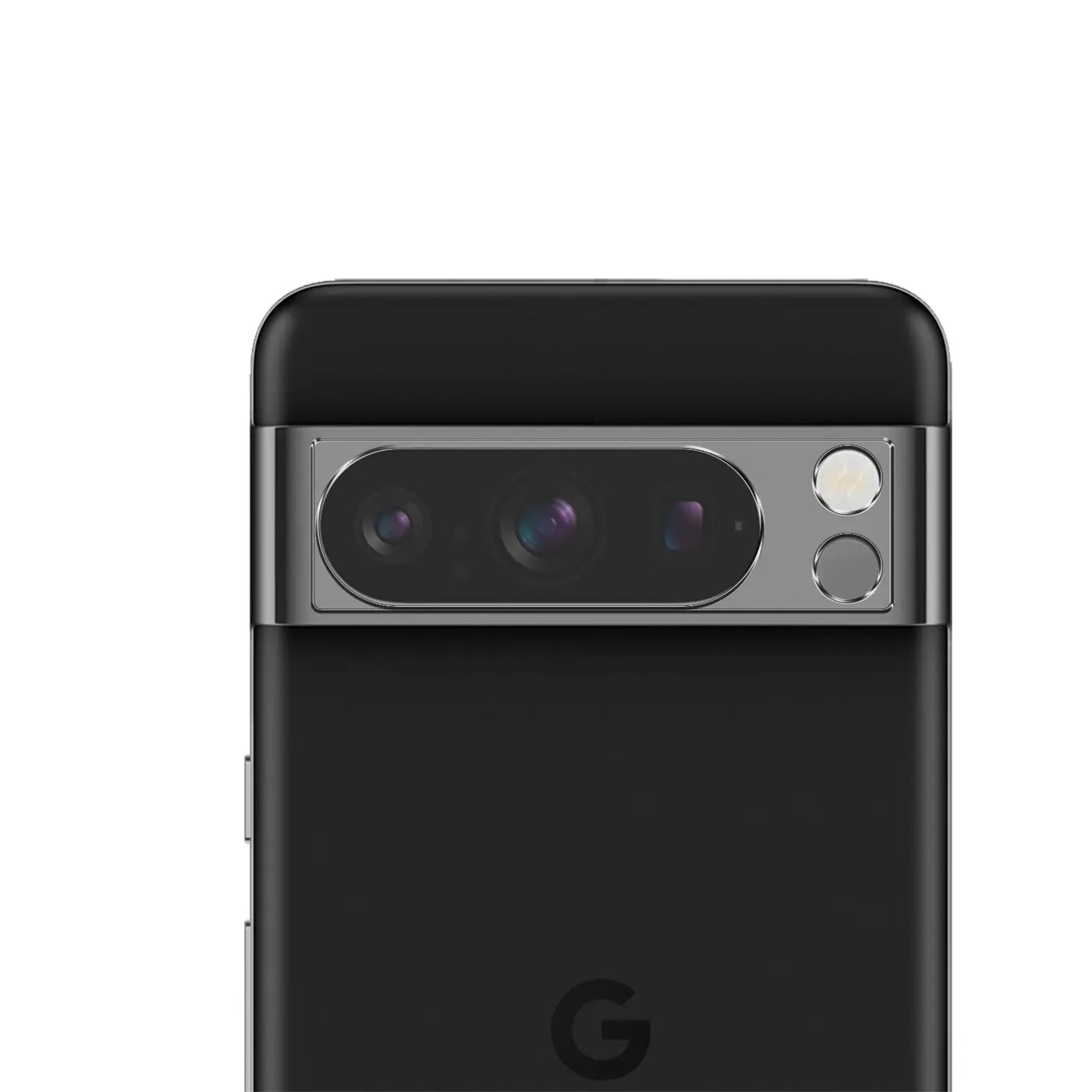 Rückseite eines schwarzen Google Pixel 9 Pro mit silbernem Kamerabalken und Google-Logo, schräg von oben.