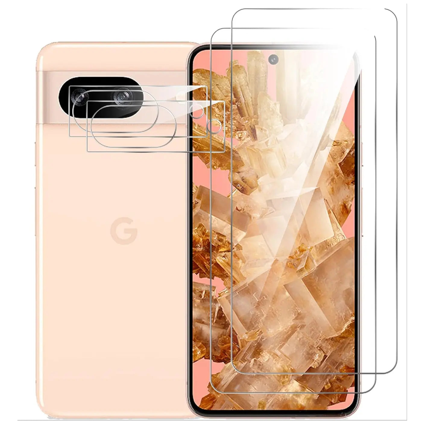 Rückseite eines beigen Google Pixel 8a mit 2 Kameraschutzgläsern und Vorderseite mit 2 Displayschutzgläsern.