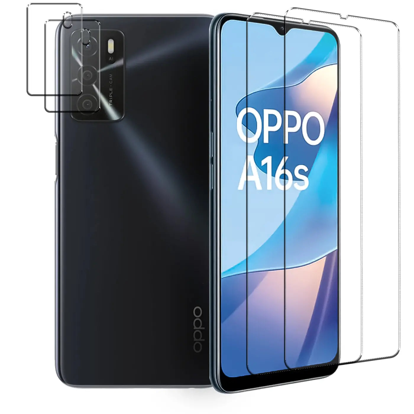 Schwarzes OPPO A16s Smartphone mit 2 transparenten Schutzgläsern für Display und 2 für Kamera, schräg von vorne.