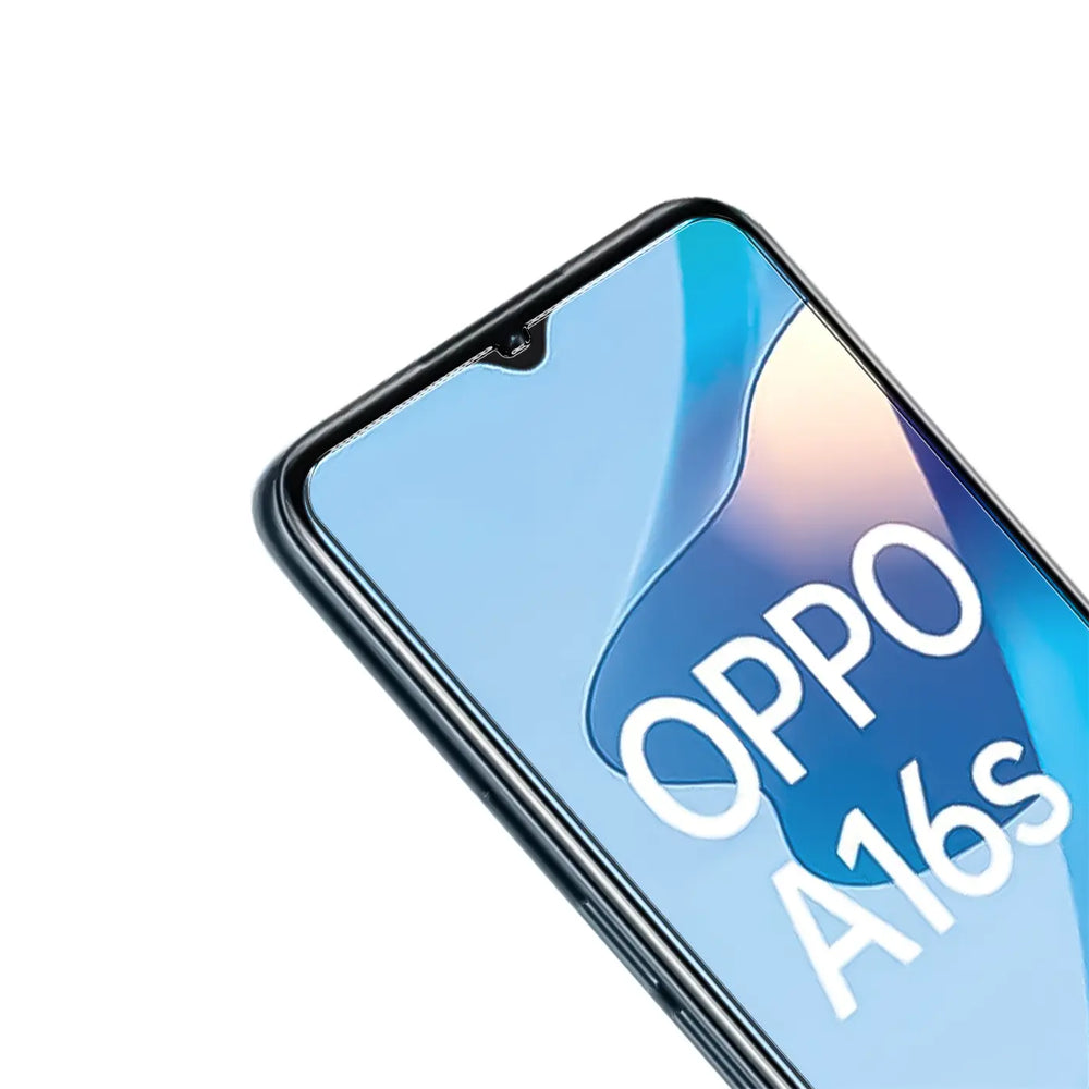 Nahaufnahme eines schwarzen OPPO A16s Smartphones mit Schutzglas, schräg von oben rechts auf weißem Hintergrund.