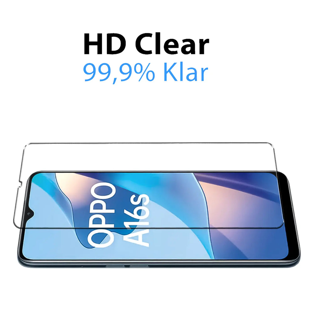 Klares Schutzglas für OPPO A16 / A16s, leicht schräg über dem Display liegend, auf weißem Hintergrund.