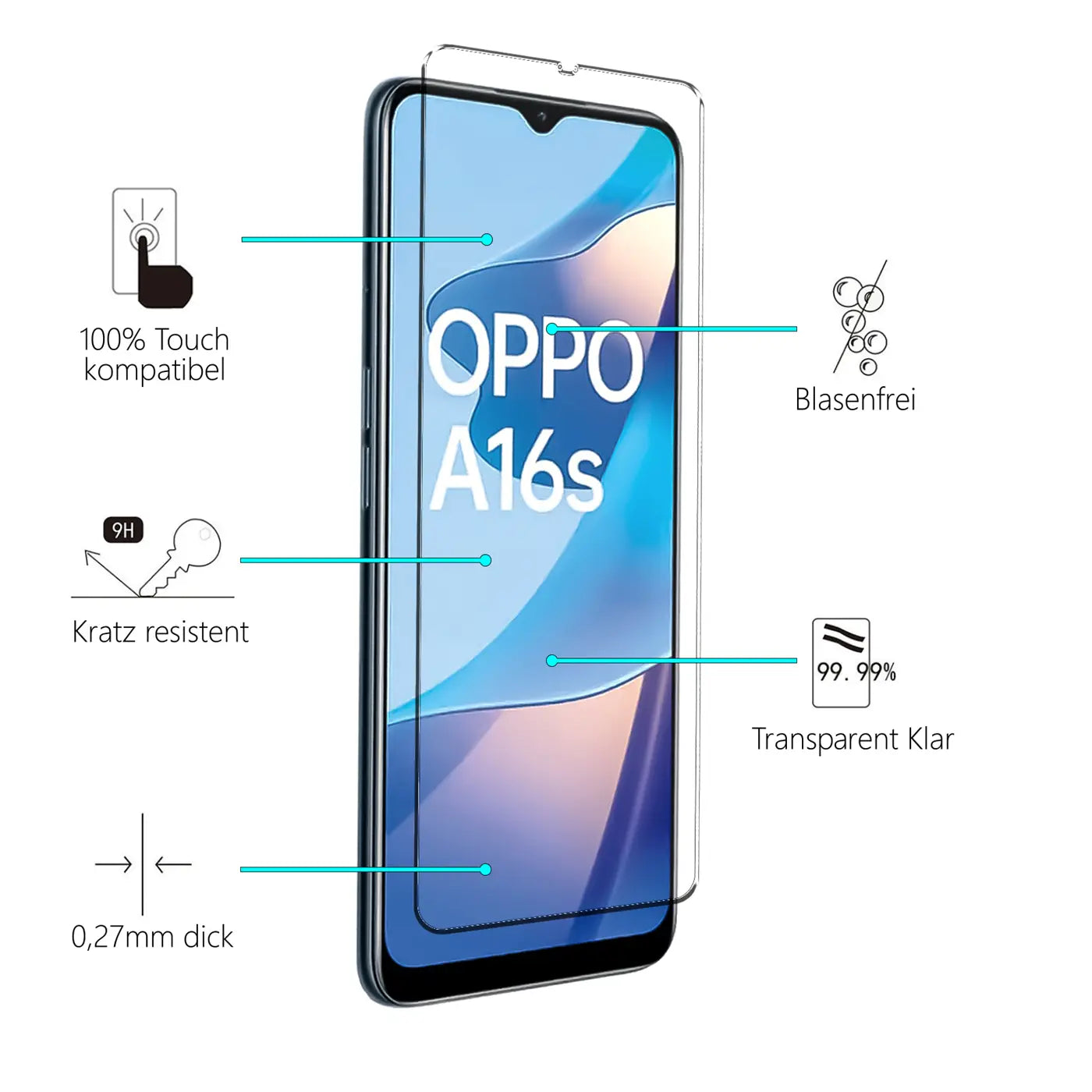 OPPO A16s Smartphone mit transparentem Schutzglas aus Glas von vorne rechts, Eigenschaften mit Linien markiert.