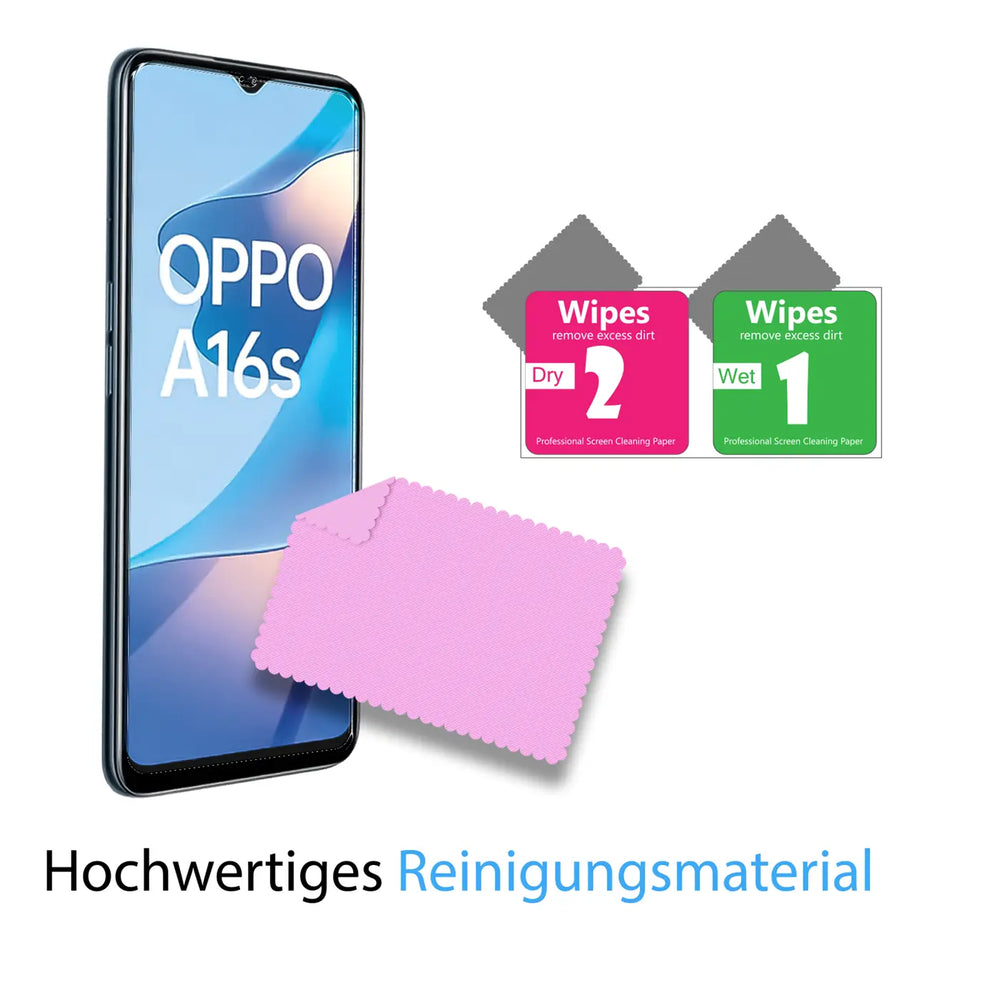 OPPO A16s Smartphone mit rosa Mikrofasertuch und zwei Reinigungstüchern (Wet/Dry) auf weißem Hintergrund.