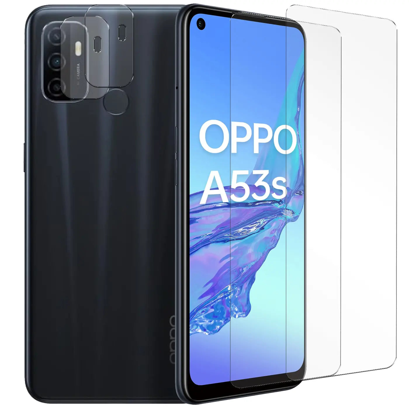 Schutzglas-Set für Oppo A53 / A53S: 2 transparente Frontschutzgläser und 2 Kameraschutzgläser auf schwarzem Handy.