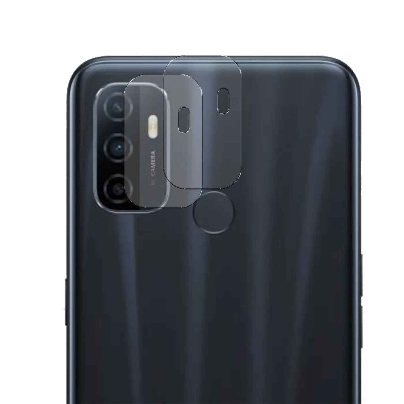 Rückseite eines schwarzen Oppo A53/A53S Smartphones mit zwei transparenten Schutzgläsern für Kamera und Blitz.