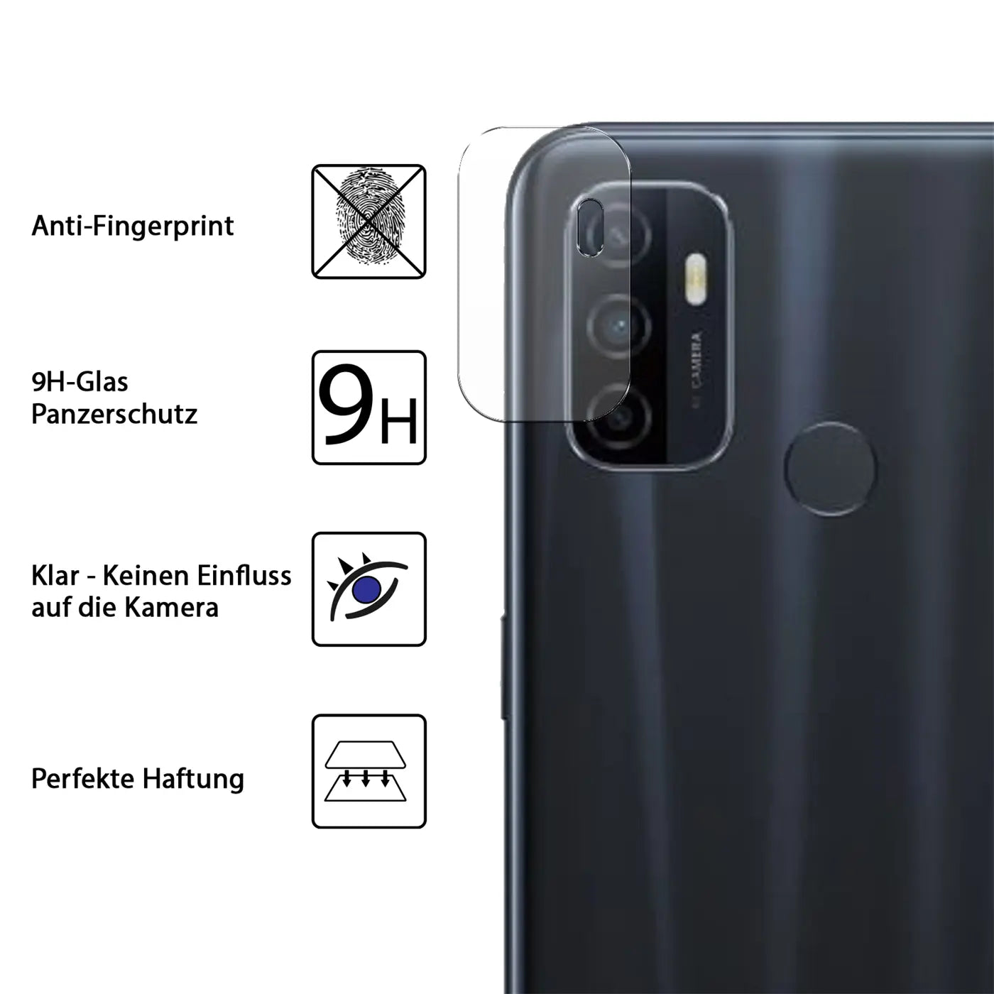 Klares Schutzglas für die Rückkamera eines schwarzen Oppo A53/A53S Smartphones, von hinten links oben gesehen.