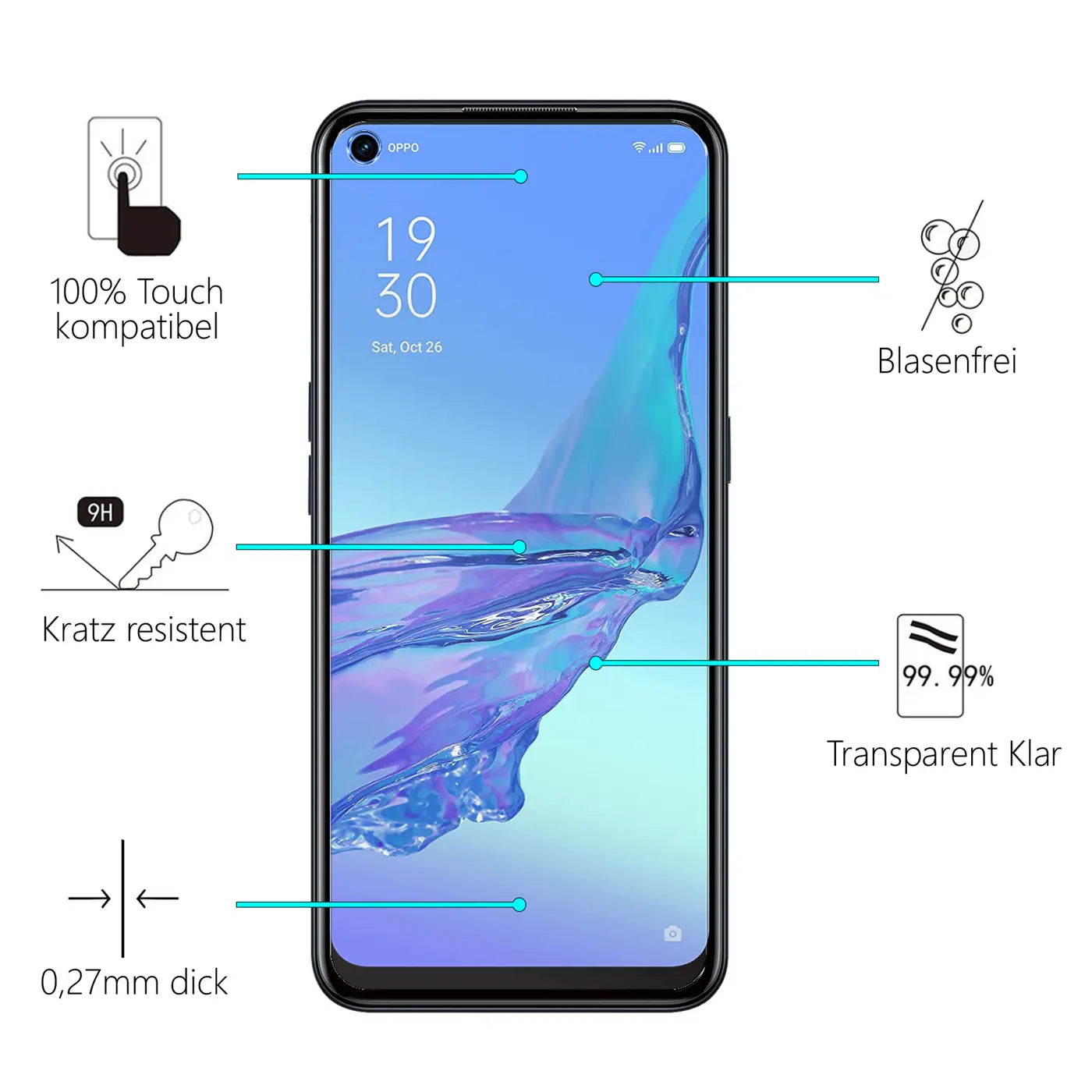 Oppo A53/A53S Handy mit Schutzglas, Frontansicht. Blaue Linien zeigen auf Eigenschaften wie kratzresistent und blasenfrei.
