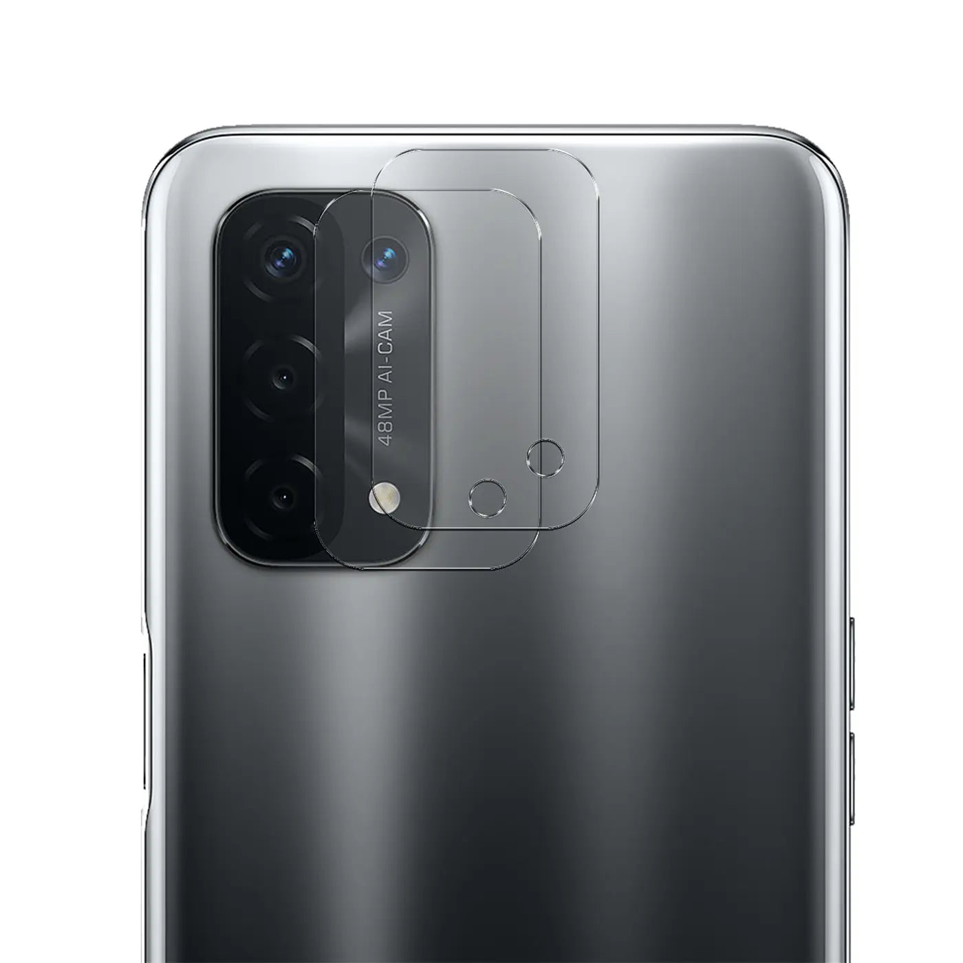 Rückseite eines grauen Oppo A54 5G / A74 5G mit zwei transparenten Schutzgläsern für die Kamera, schräg von oben.