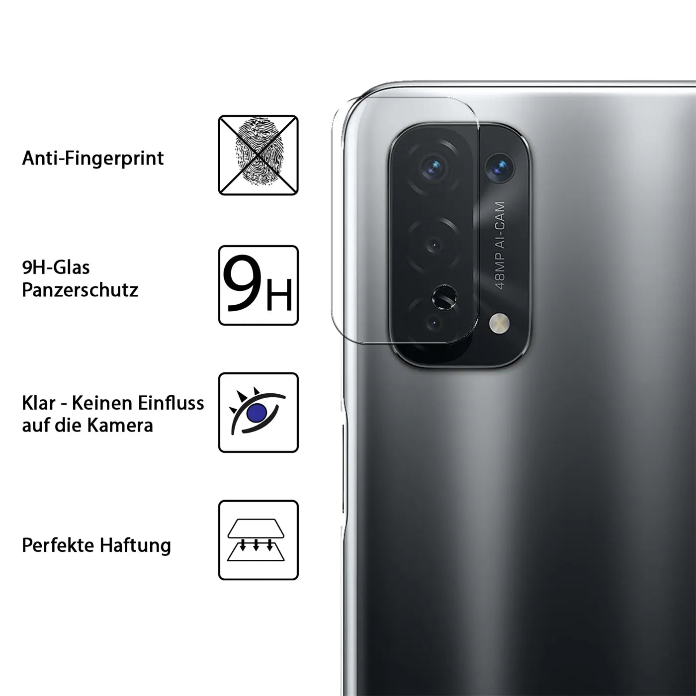 Transparenter Schutzglas-Kameraschutz auf der Rückseite eines grauen Oppo A54 5G / A74 5G Smartphones, schräg von hinten.