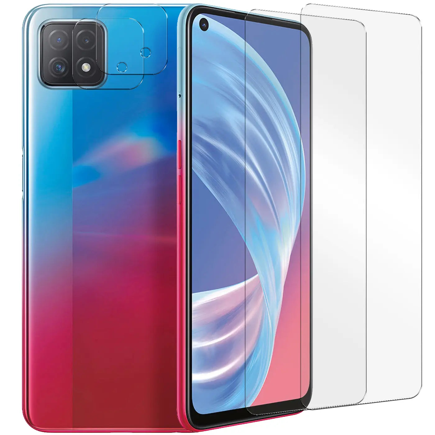 Oppo A73 5G in Blau-Rot mit 2 klaren Schutzgläsern für Display und 2 für Kamera, schräg von vorne rechts.