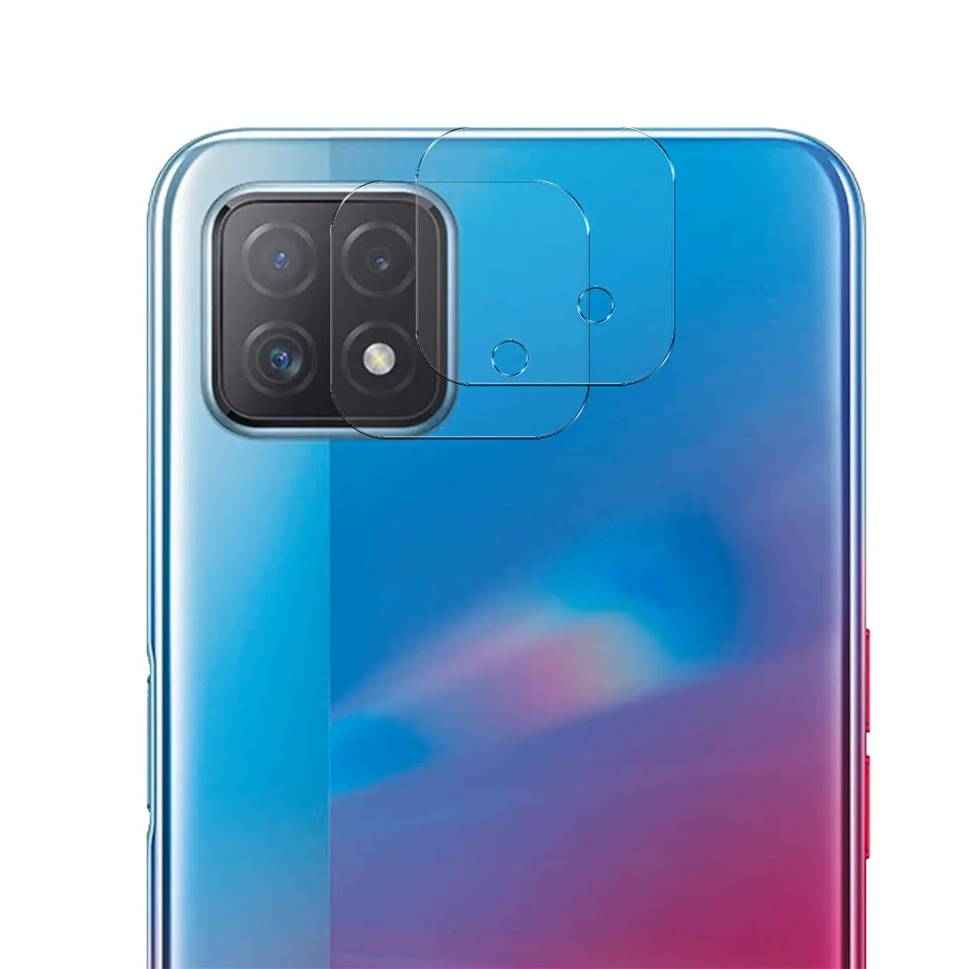 Rückseite eines blauen Oppo A73 5G mit zwei transparenten Schutzgläsern auf dem Kamera-Modul, schräg von oben.
