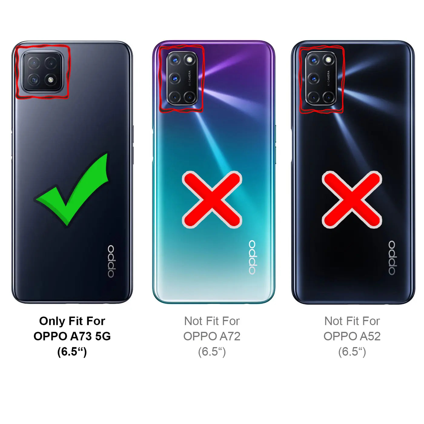Rückseiten von drei Oppo Smartphones (A73 5G, A72, A52) mit Kamera-Modulen, von oben gesehen.
