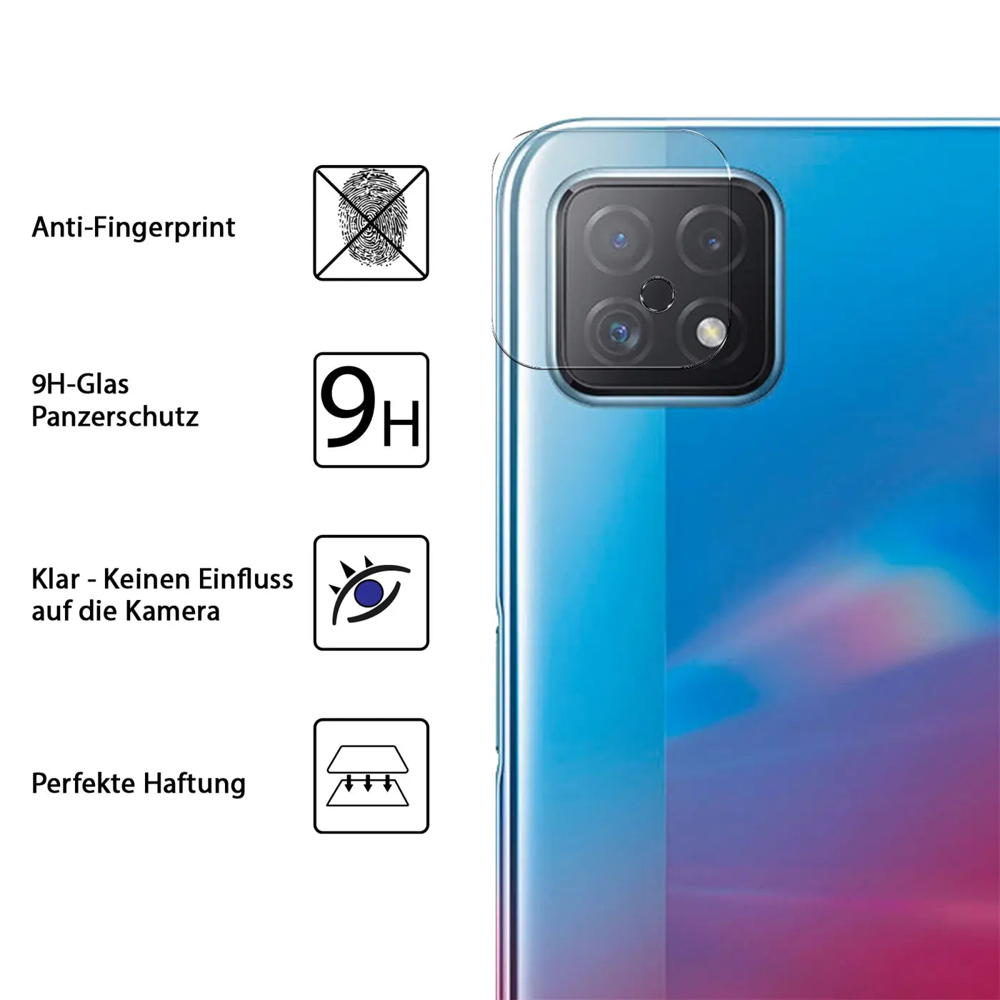 Klares Schutzglas auf der Rückkamera eines blauen Oppo A73 5G, mit Icons für Anti-Fingerprint, 9H-Glas, Klarheit, Haftung.