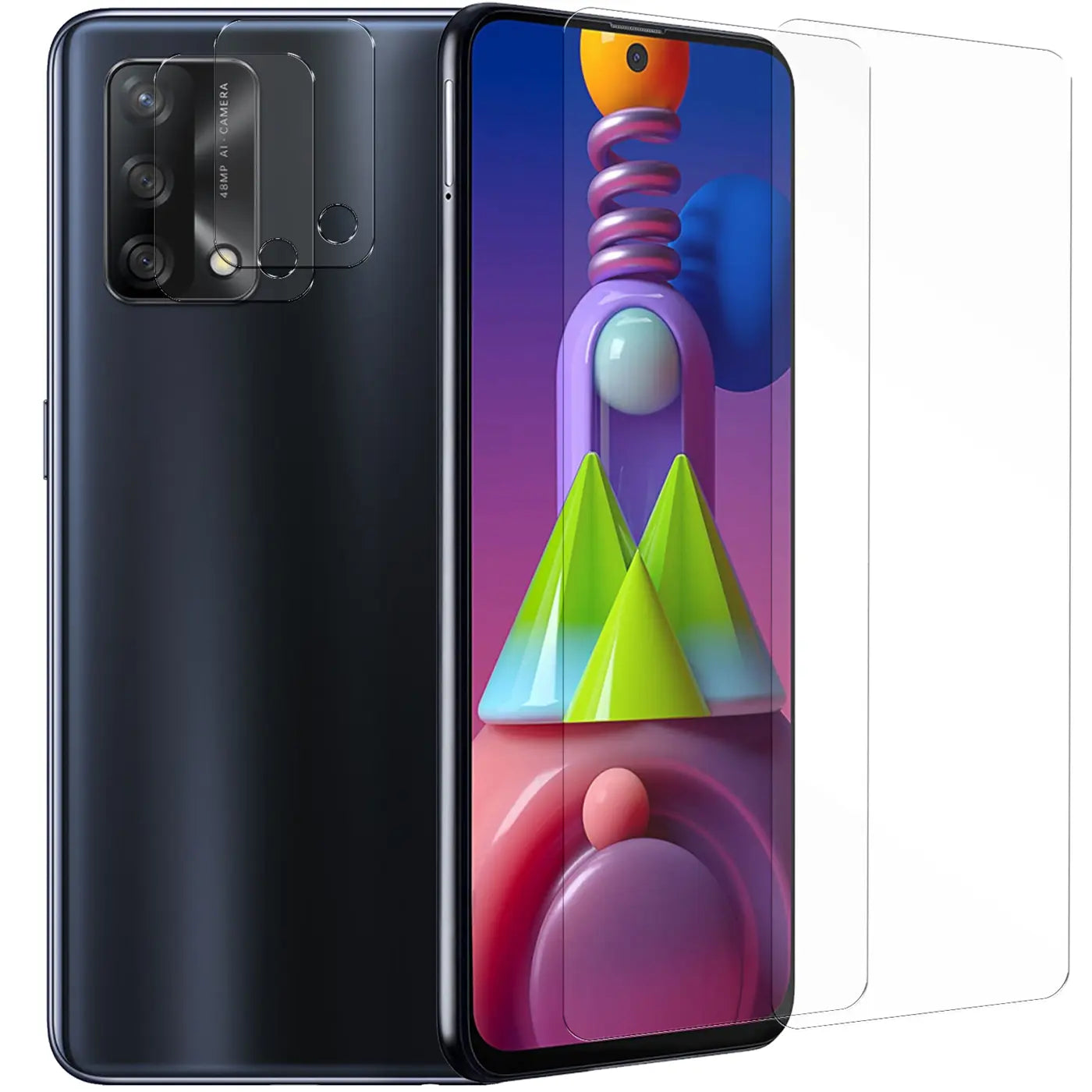 Dunkelblaues Oppo A74 4G von hinten und vorne, mit zwei transparenten Schutzgläsern und zwei Kameraschutzgläsern.