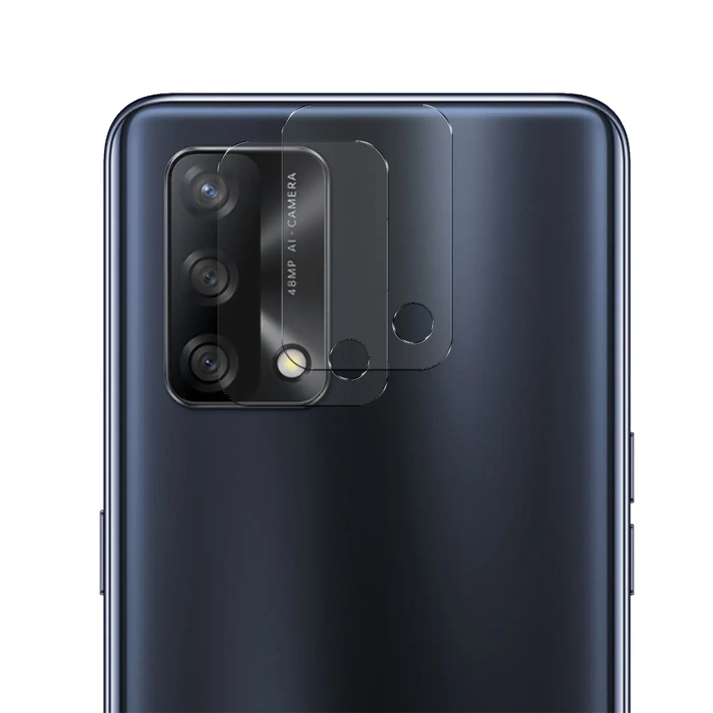Rückseite eines dunkelblauen Oppo A74 4G mit zwei transparenten Schutzgläsern für die Kamera, schräg von oben.
