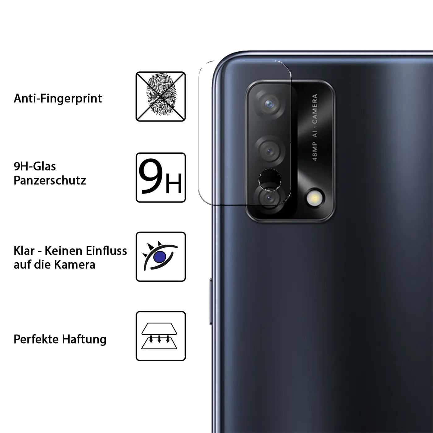Rückseite eines dunkelblauen Oppo A74 4G, schräg von oben. Ein transparentes Schutzglas ist auf der Kamera angebracht.