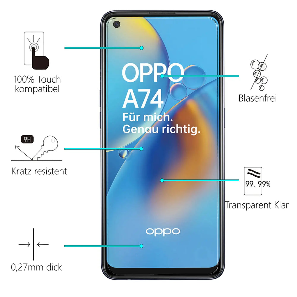 4in1 9H Displayschutz-Set für Oppo A74 4G, 2x Displayglas und 2x Kameraglas