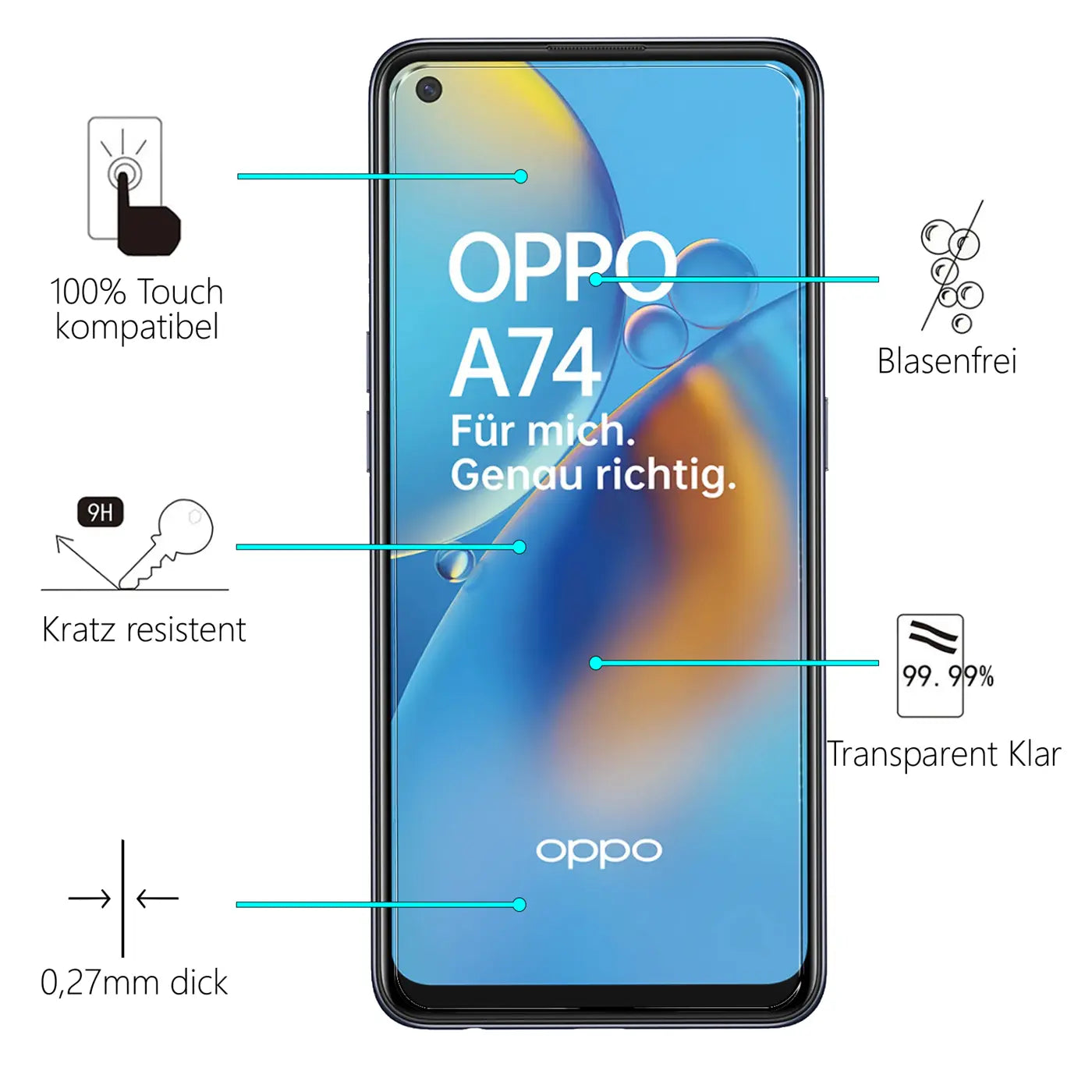 Schwarzes Oppo A74 4G Smartphone von vorne, mit Schutzglas und Infografiken zu dessen Eigenschaften.