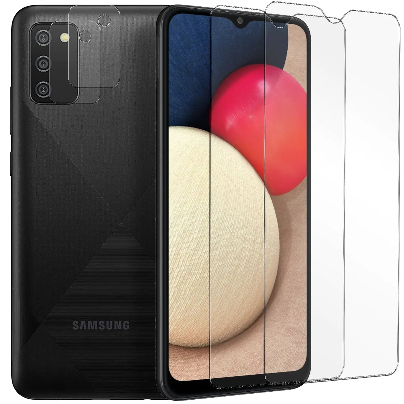 Schwarzes Samsung Galaxy A02S von hinten links gezeigt, mit 2 transparenten Schutzgläsern für Display und 2 für Kamera.