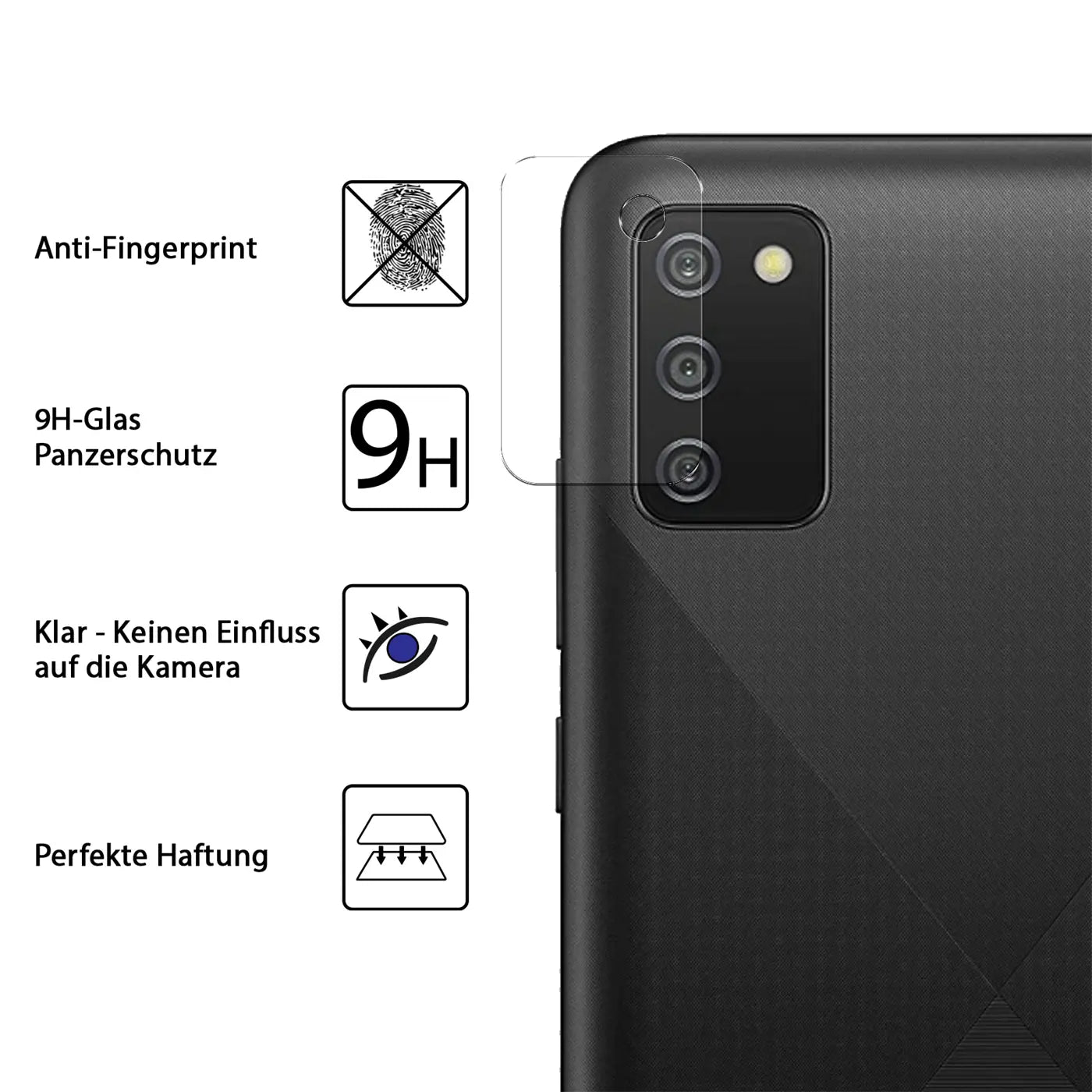 Schutzglas für Samsung Galaxy A02S Kamera, transparent, auf schwarzem Smartphone-Rücken, schräg von hinten.
