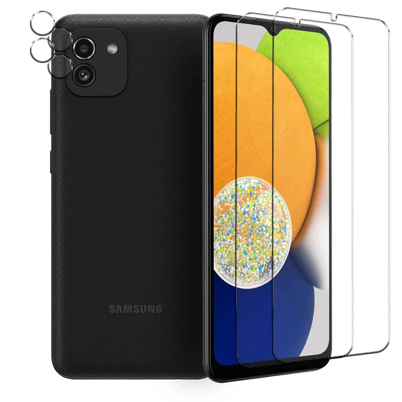 Schwarzes Samsung Galaxy A03 von hinten und vorne, daneben 2 Displayschutzgläser und 3 Kameraschutzgläser.