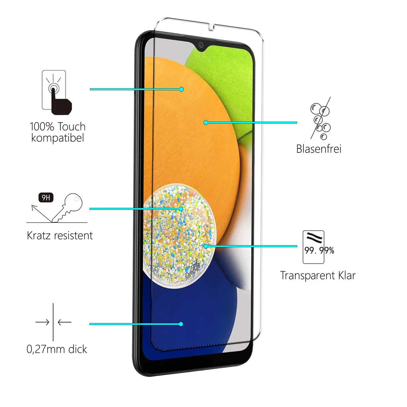 Transparentes Schutzglas für Samsung Galaxy A03, schräg von vorne, mit Infografiken zu Eigenschaften wie Kratzresistenz.