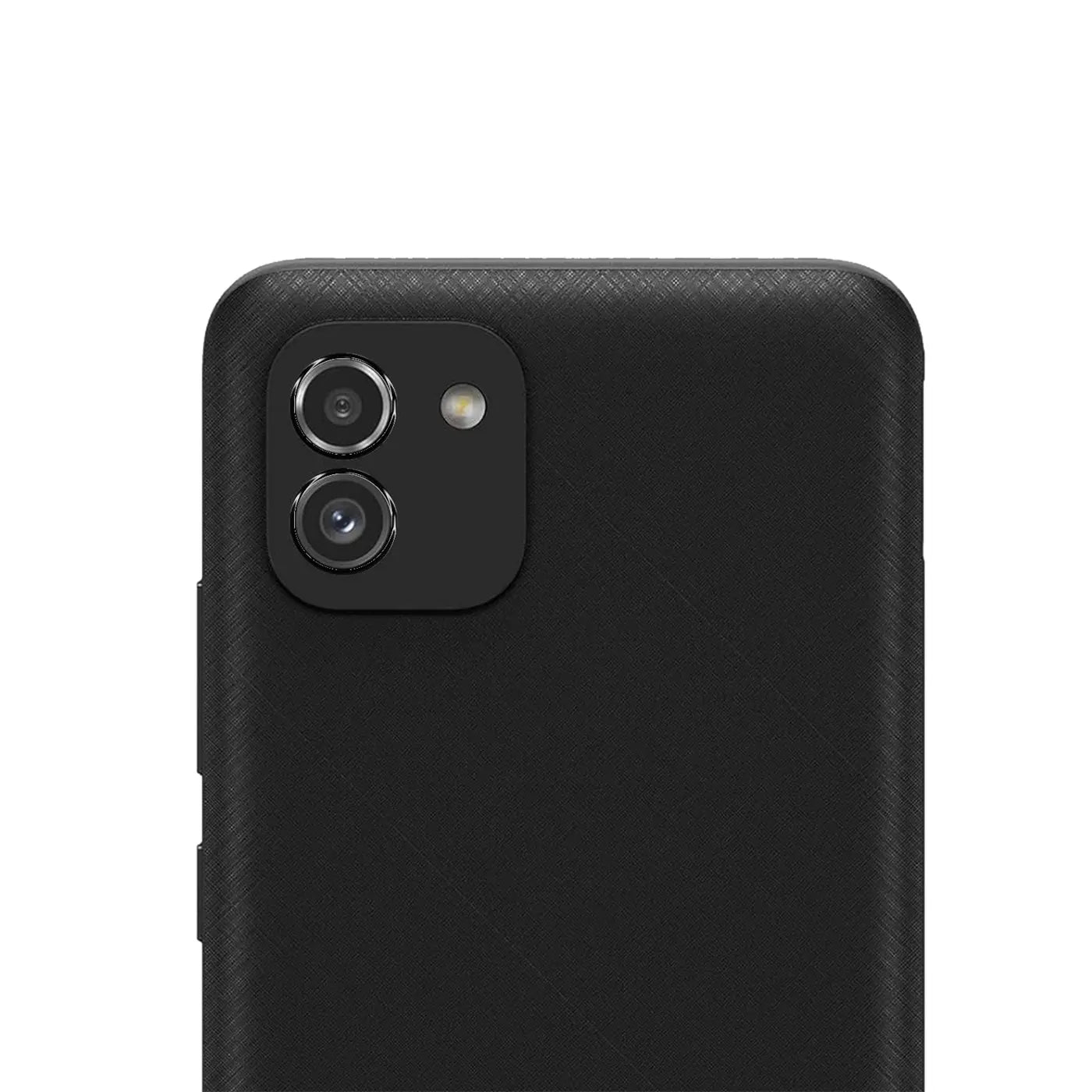 Rückseite eines schwarzen Samsung Galaxy A03 Smartphones mit zwei Kameras und Blitz, schräg von oben.