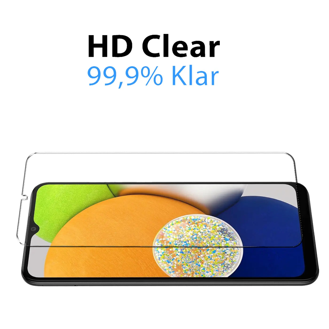 Klares Schutzglas für Samsung Galaxy A03, von oben auf schwarzem Smartphone liegend. Text: "HD Clear 99,9% Klar".