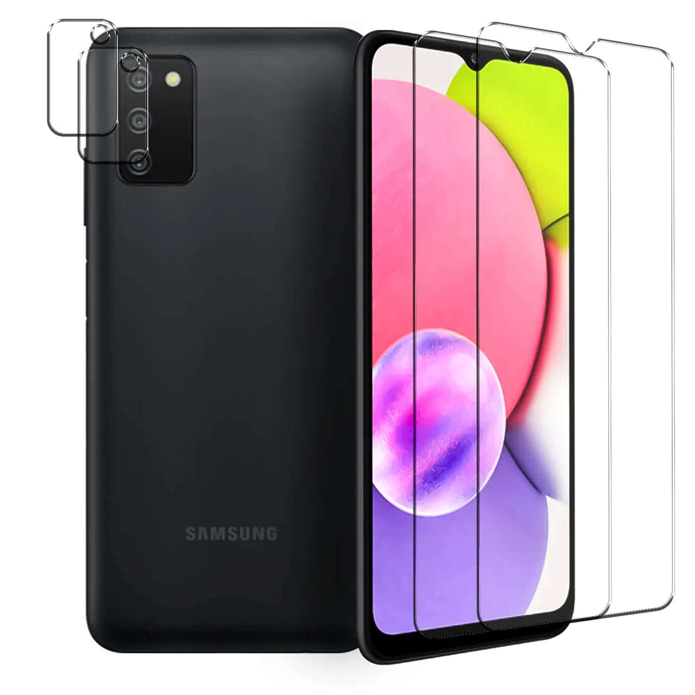 Schwarzes Samsung Galaxy A03s von hinten und vorne, mit 2 Kamera- und 2 Display-Schutzgläsern aus Glas.