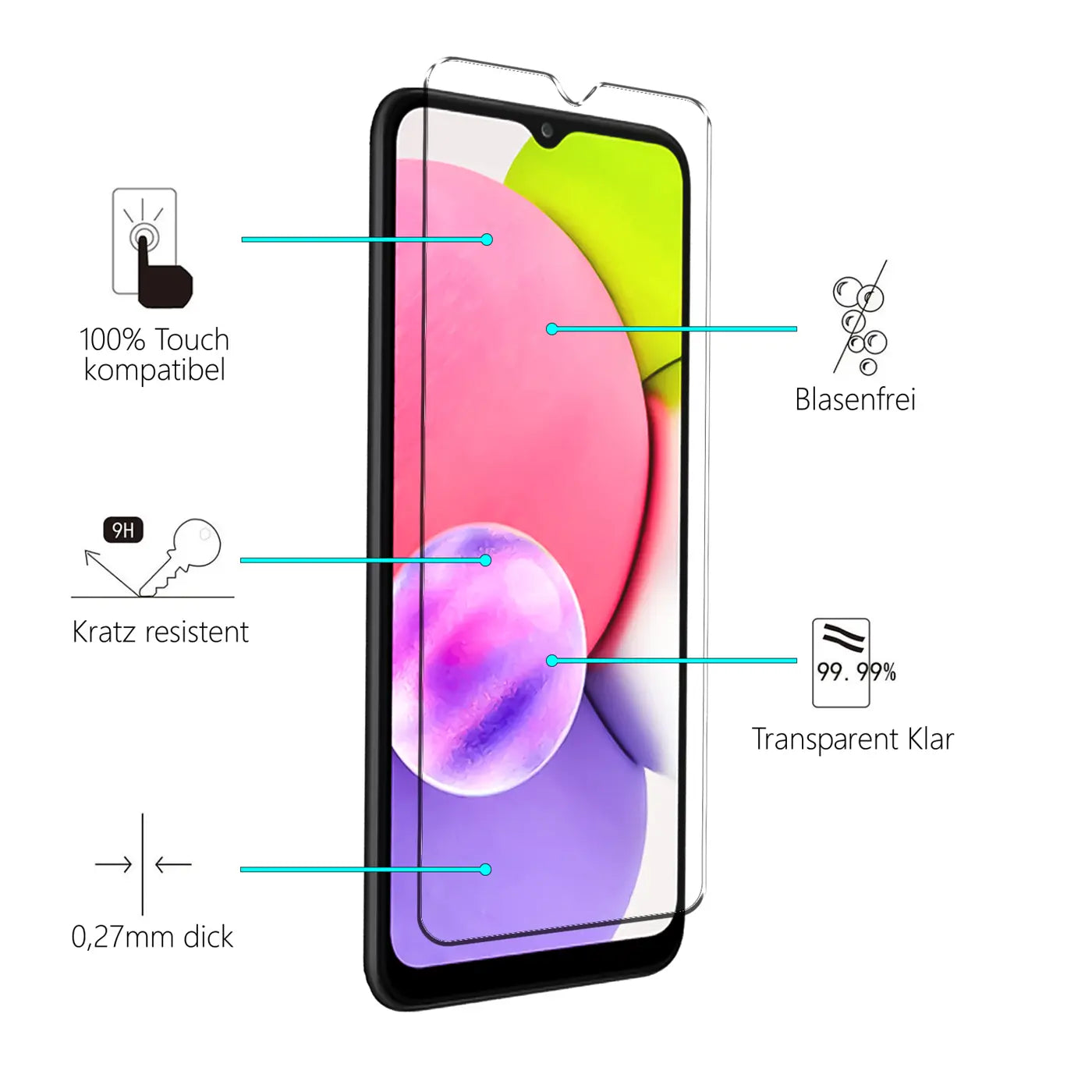 Transparentes Schutzglas auf einem schwarzen Samsung Galaxy A03s, leicht schräg von vorne.