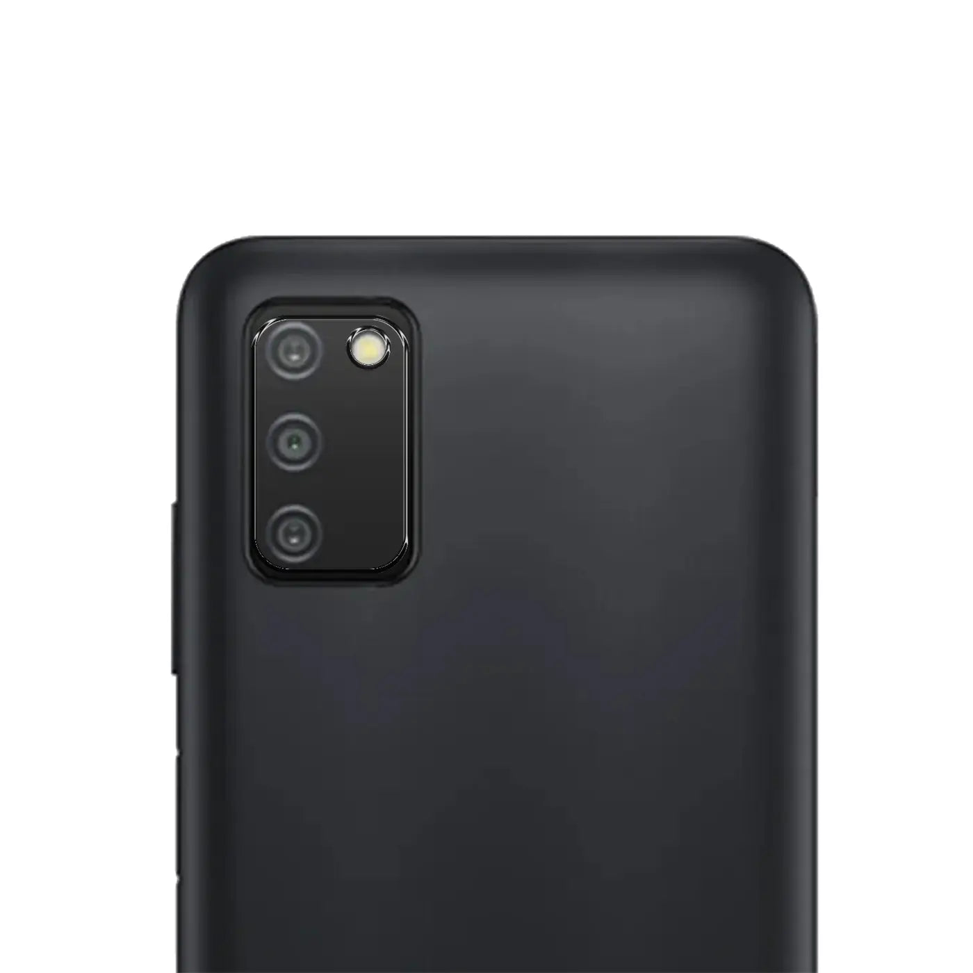 Rückseite eines schwarzen Samsung Galaxy A03s mit dreifacher Kamera und Blitz, von oben links schräg aufgenommen.