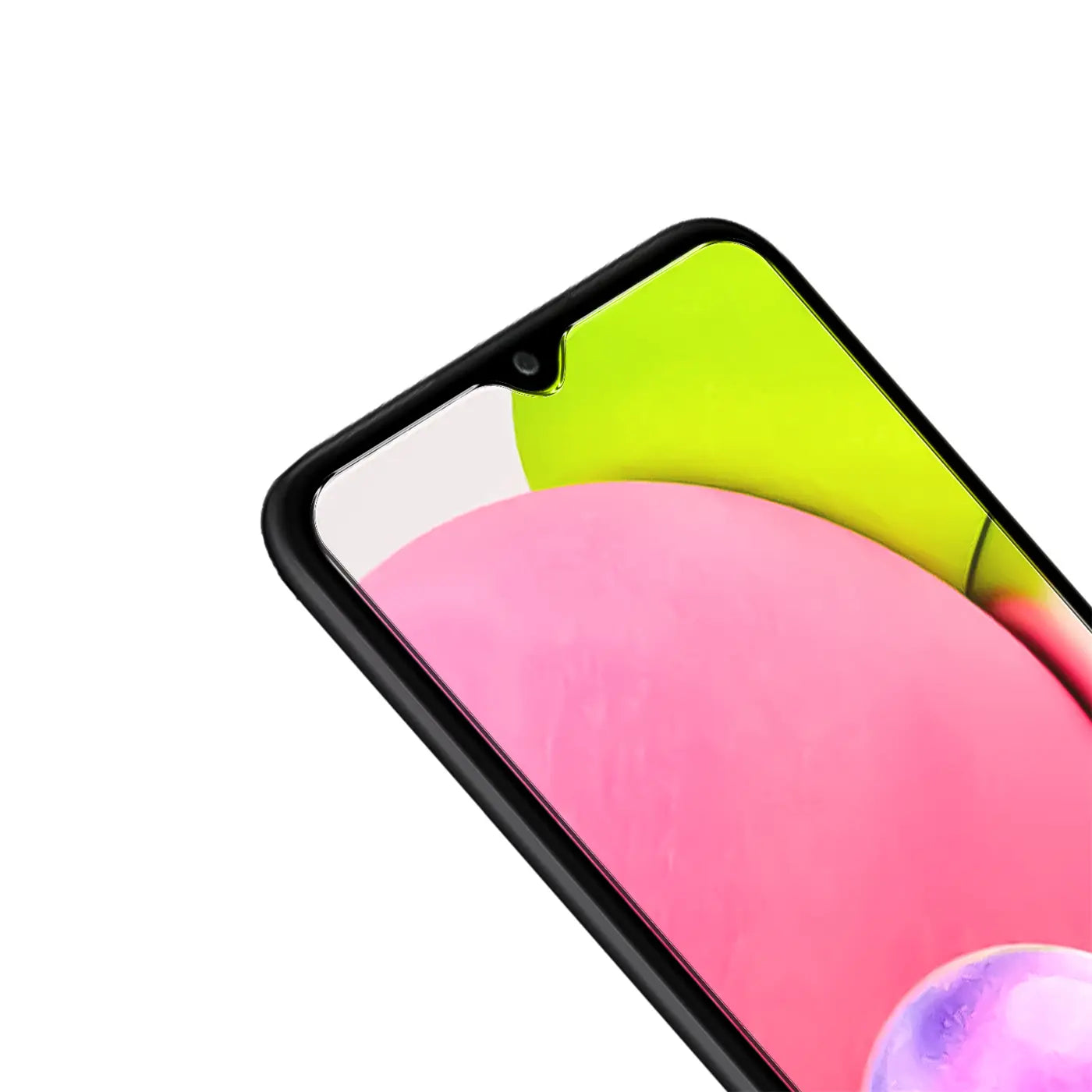 Samsung Galaxy A03s Smartphone mit schwarzem Rahmen, Display mit pink-grünem Hintergrund, schräg von oben rechts.