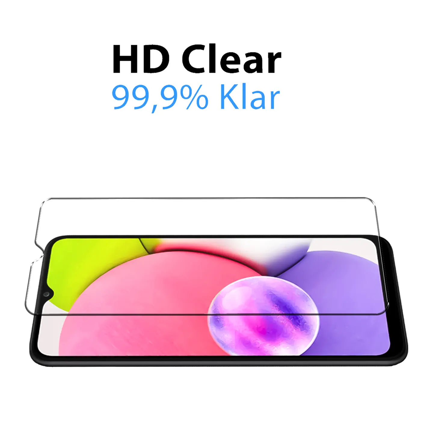 Transparentes Schutzglas über einem schwarzen Samsung Galaxy A03s Smartphone. Draufsicht, leicht schräg.