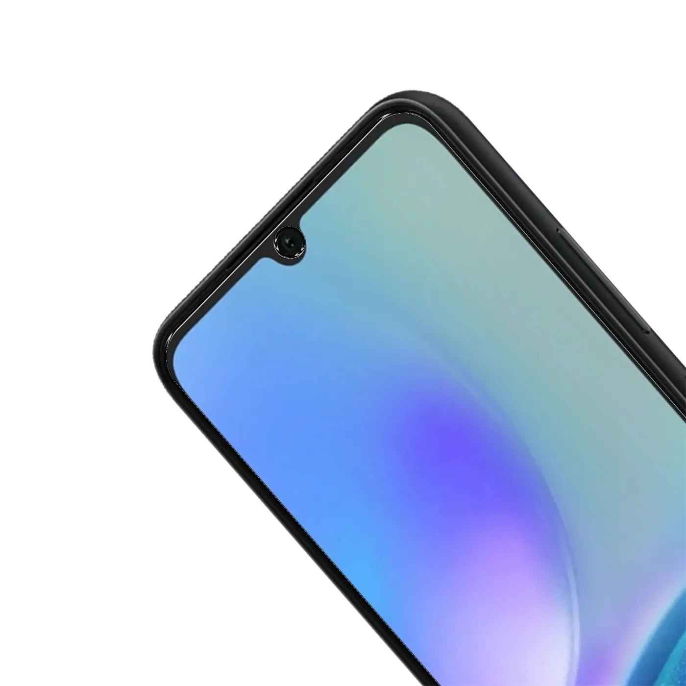 Nahaufnahme des oberen Bereichs eines Samsung Galaxy A05s Displays mit schwarzem Rahmen, Frontkamera und Schutzglas.