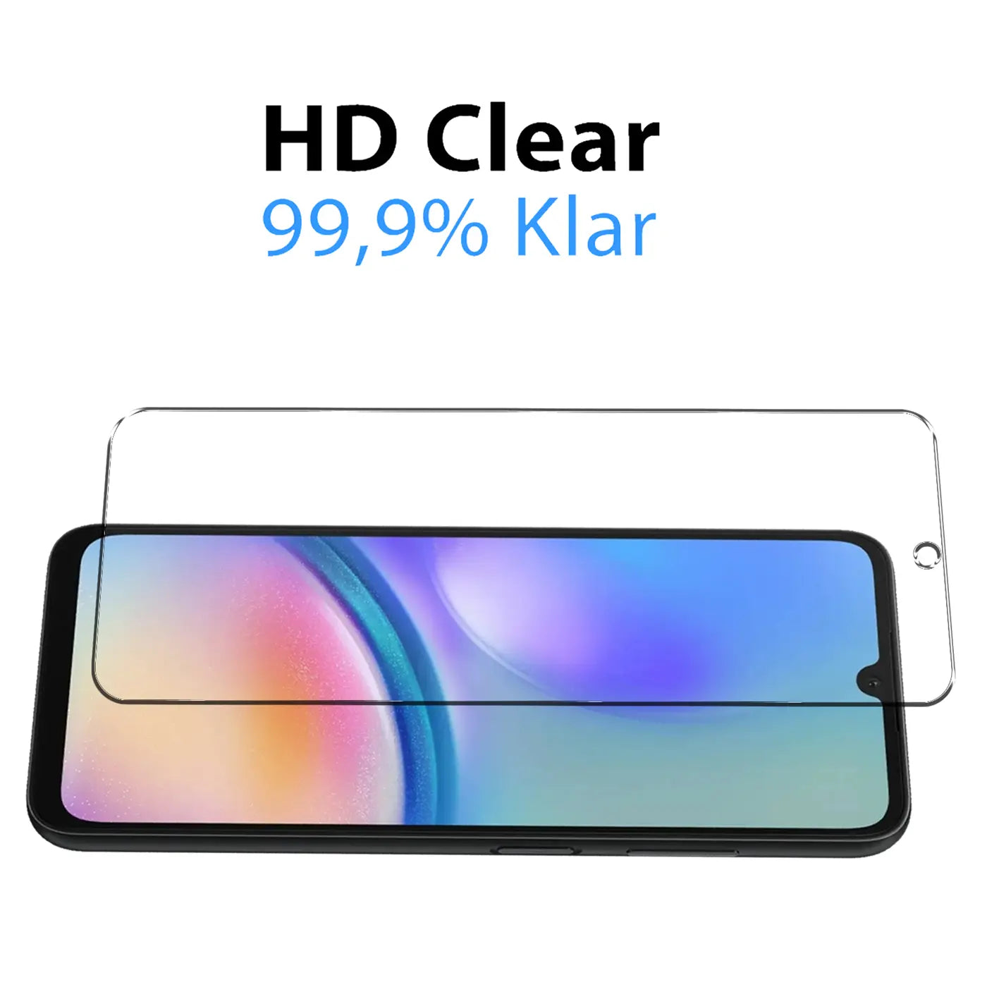 Klares Schutzglas aus Glas über einem schwarzen Samsung Galaxy A05s Display, leicht schräg von oben.