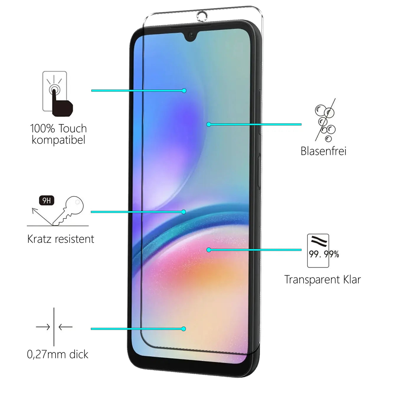 Transparentes Schutzglas auf schwarzem Samsung Galaxy A05s, leicht schräg von vorne, mit Feature-Icons.