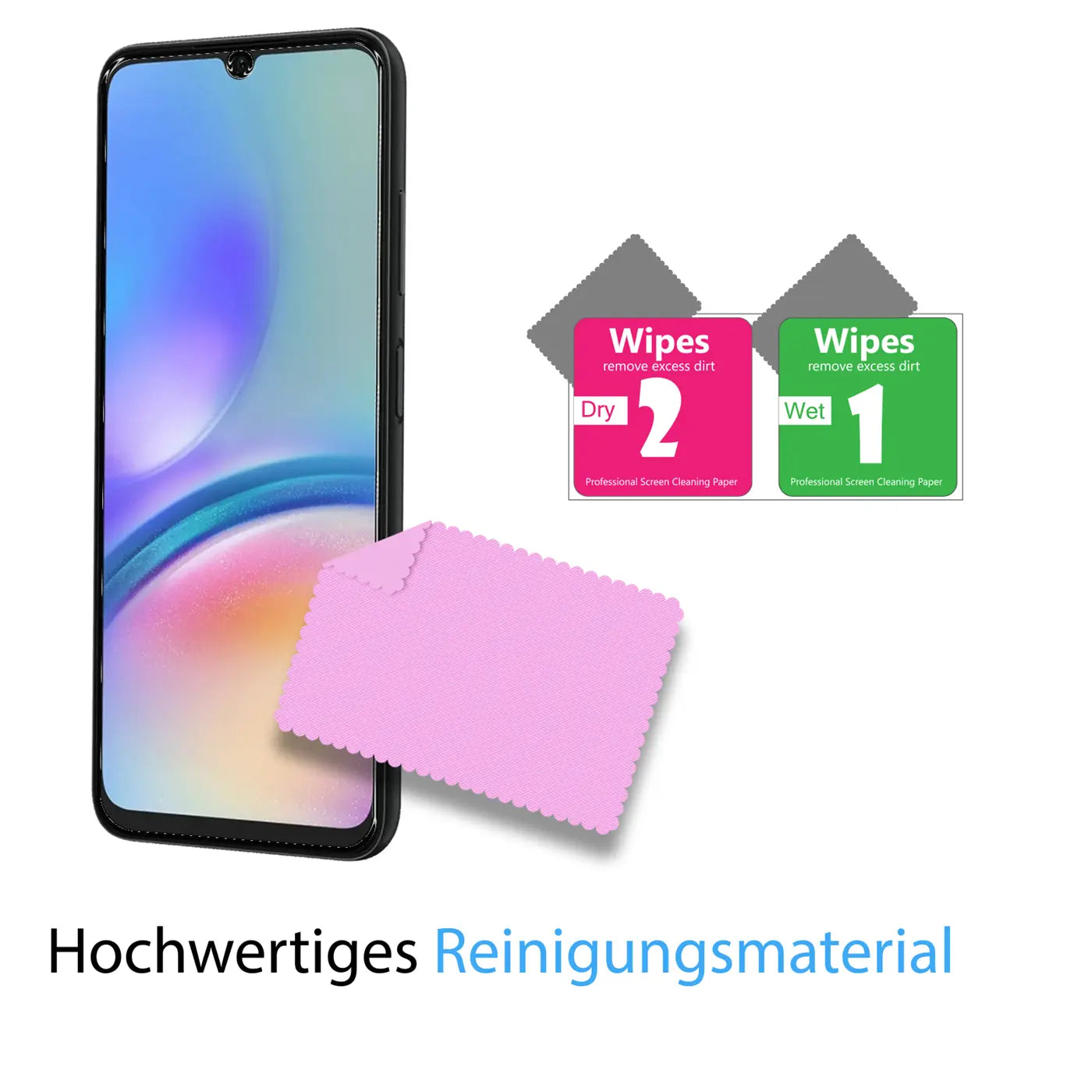 Schwarzes Samsung Galaxy A05s Smartphone, rosa Mikrofasertuch, und zwei Reinigungstücher (Wet/Dry) auf weißem Grund.