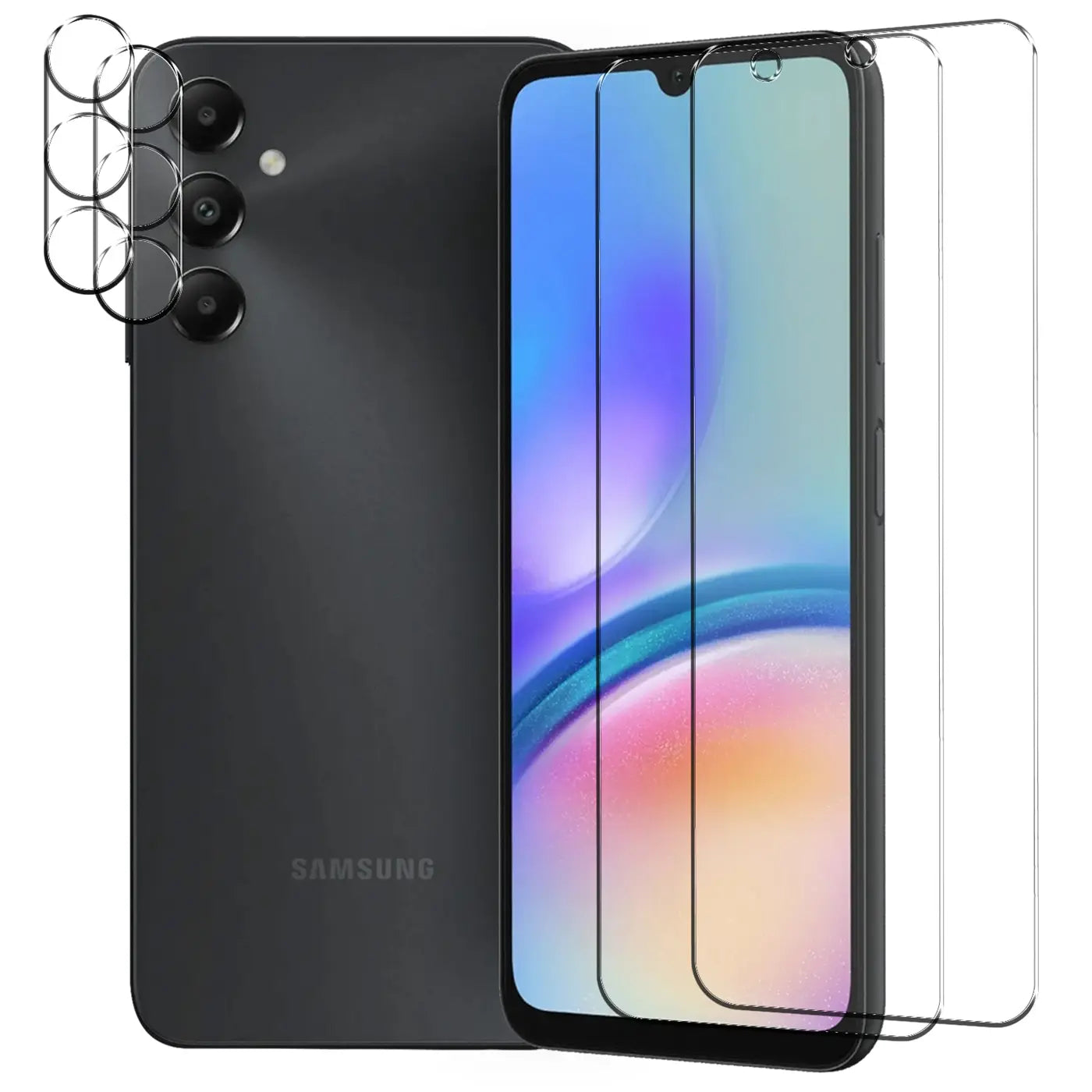Schutzglas-Set für Samsung Galaxy A05s: 2 transparente Displayschutzfolien und 6 runde Kameraschutzgläser, schräg von vorne.
